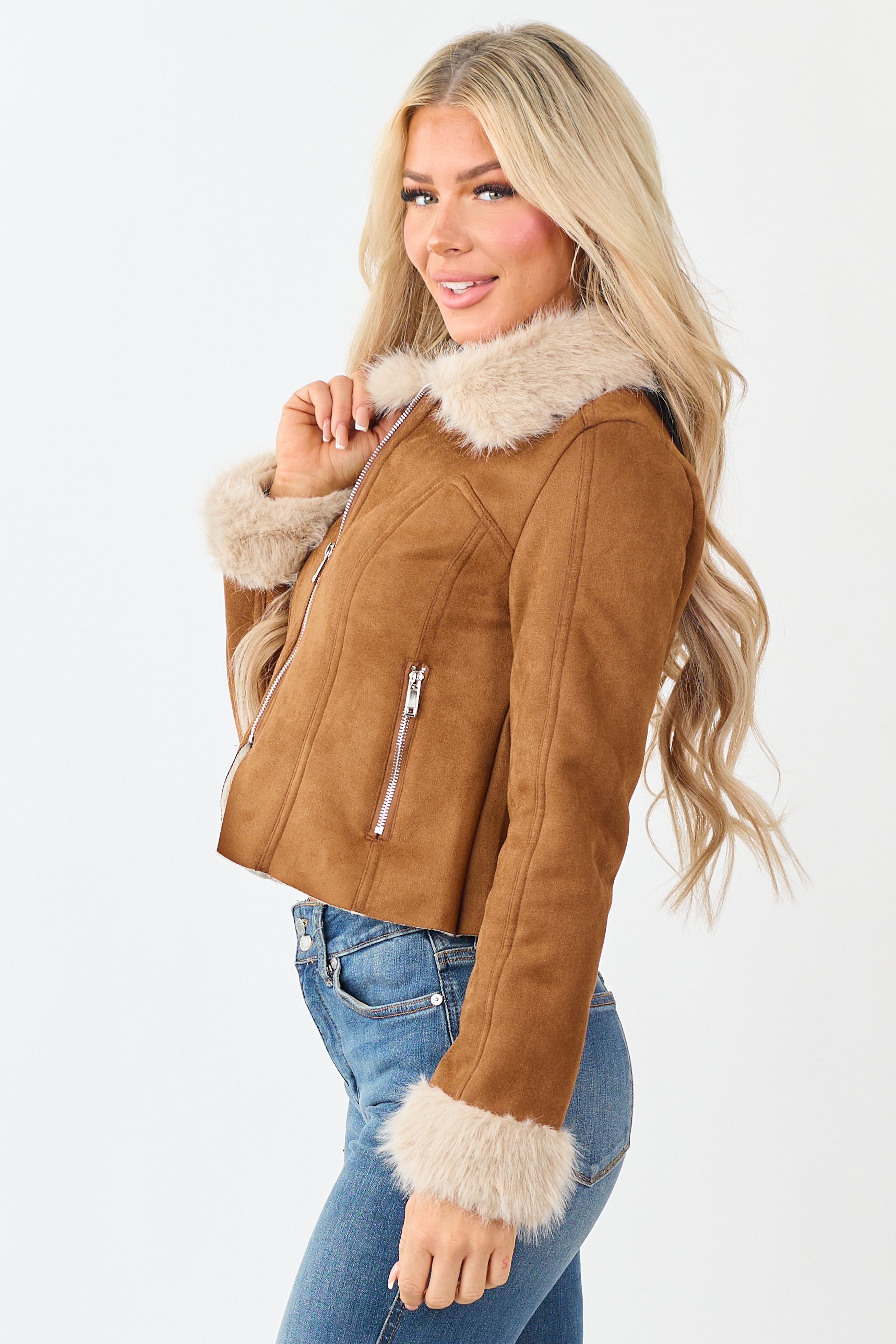 Cognac Faux Suede Fur Collar Zip Up Jacket
