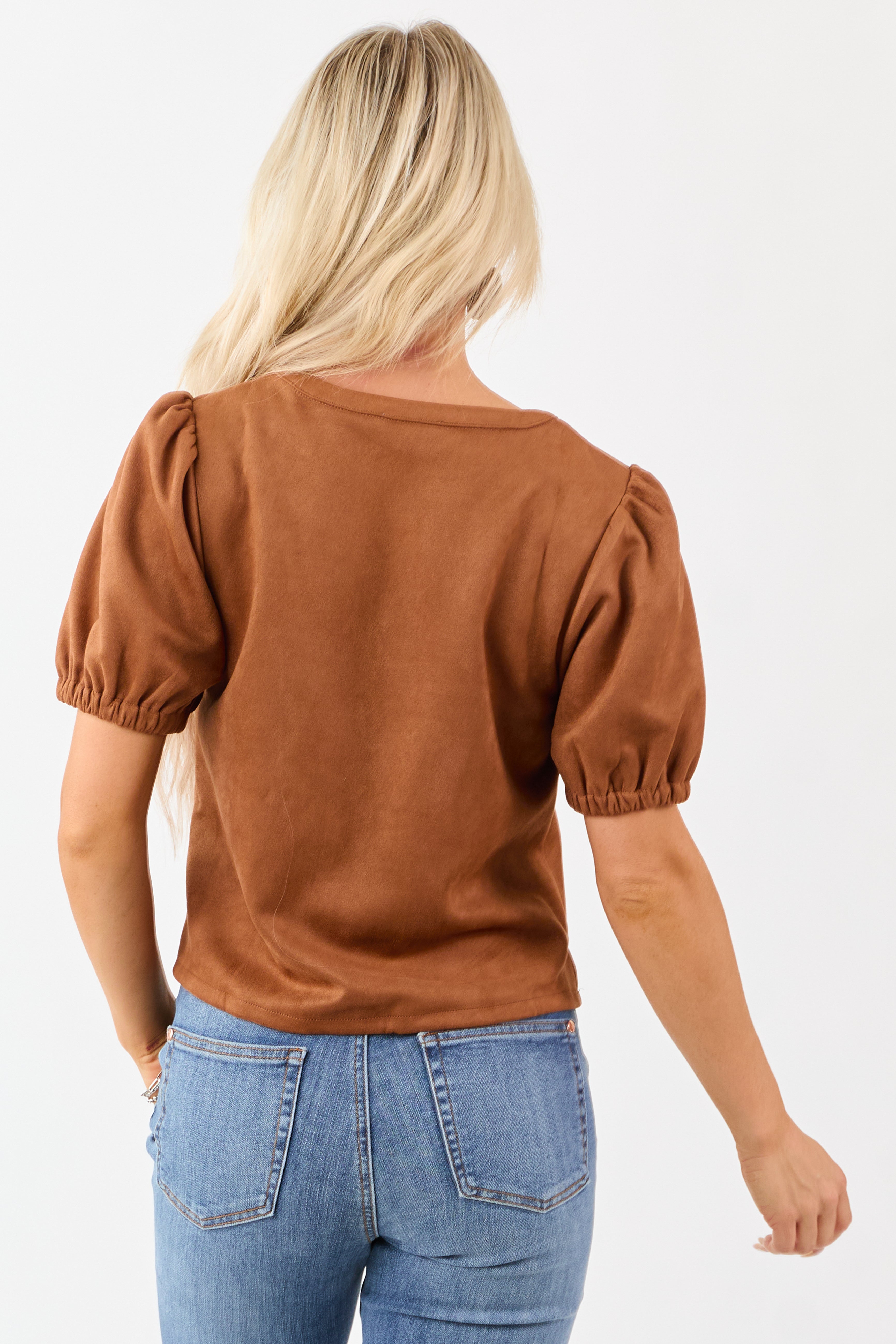 Cognac Faux Suede Half Puff Sleeve V Notch Top