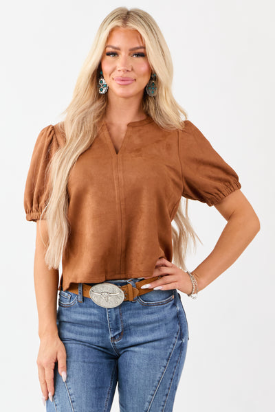 PRE-ORDER Cognac Faux Suede Half Puff Sleeve V Notch Top SHIP ETA 11/4