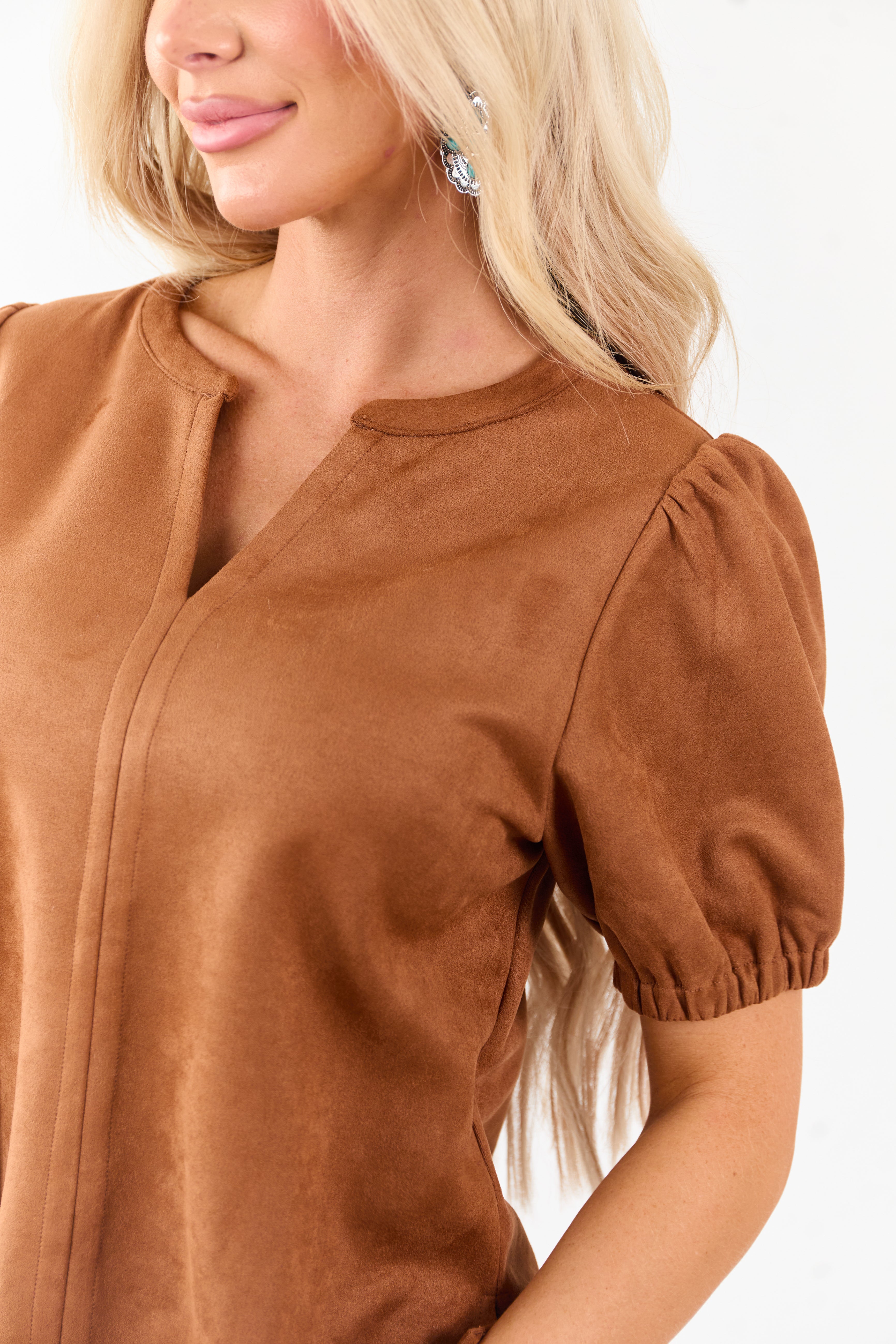 Cognac Faux Suede Half Puff Sleeve V Notch Top