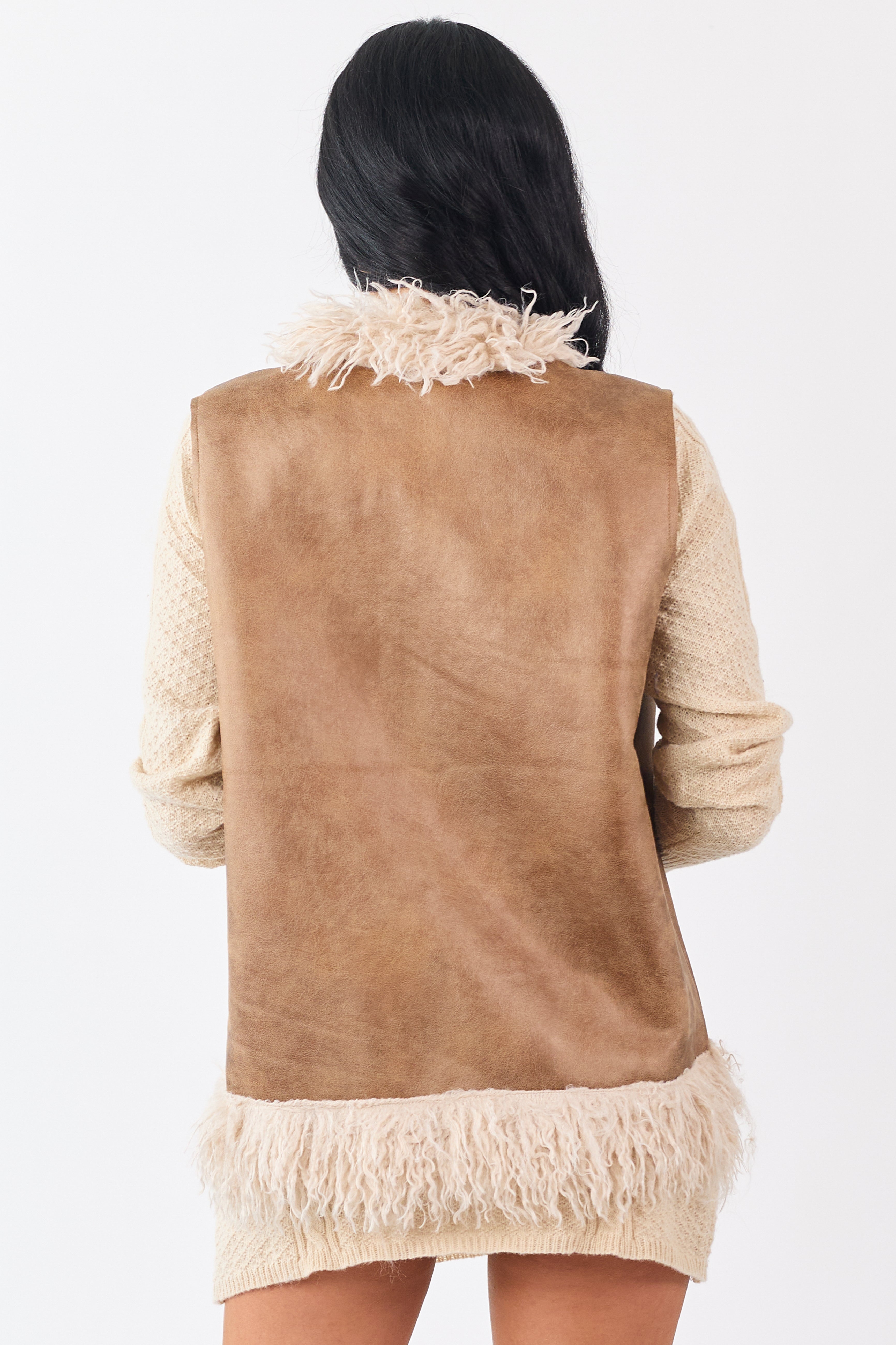 Cognac Faux Suede Open Front Faux Fur Trim Vest