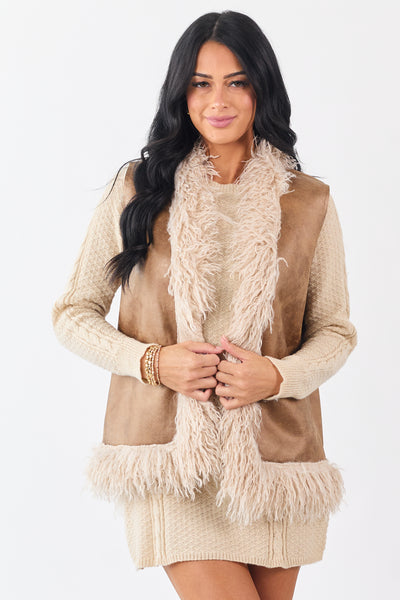 Cognac Faux Suede Open Front Faux Fur Trim Vest