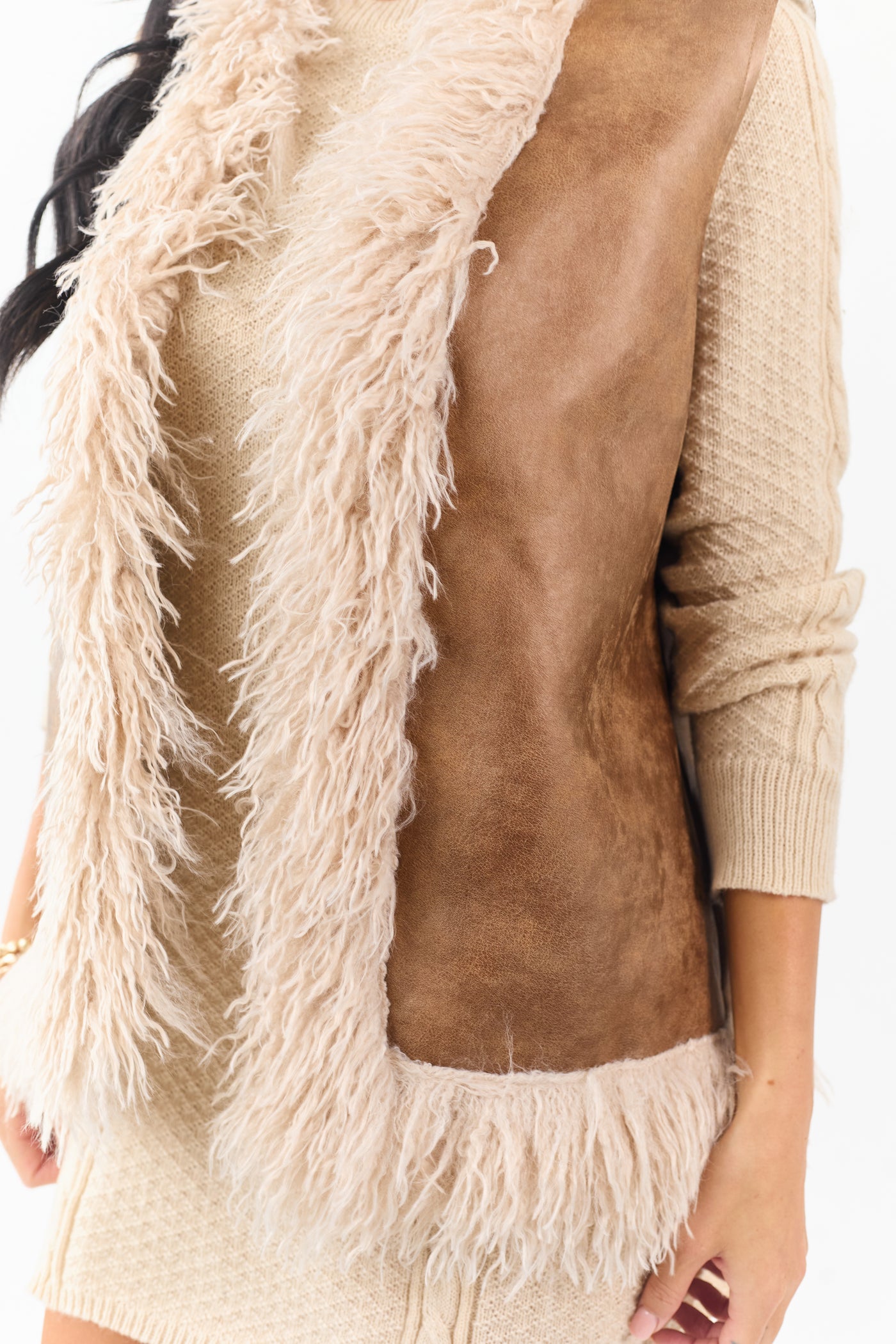 Cognac Faux Suede Open Front Faux Fur Trim Vest
