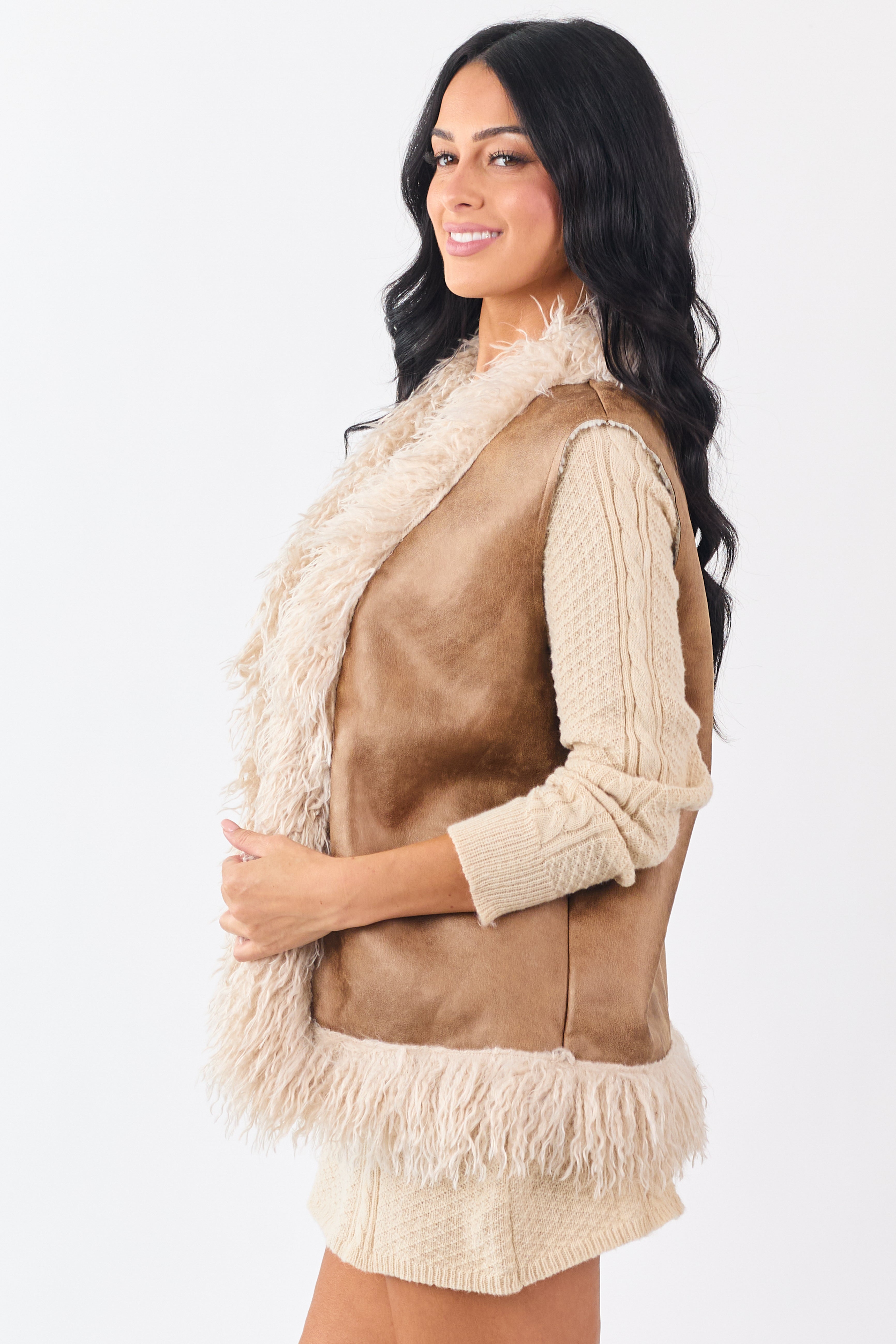 Cognac Faux Suede Open Front Faux Fur Trim Vest