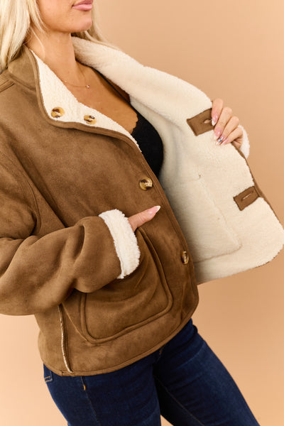 Cognac Faux Suede Sherpa Reversible Button Up Jacket