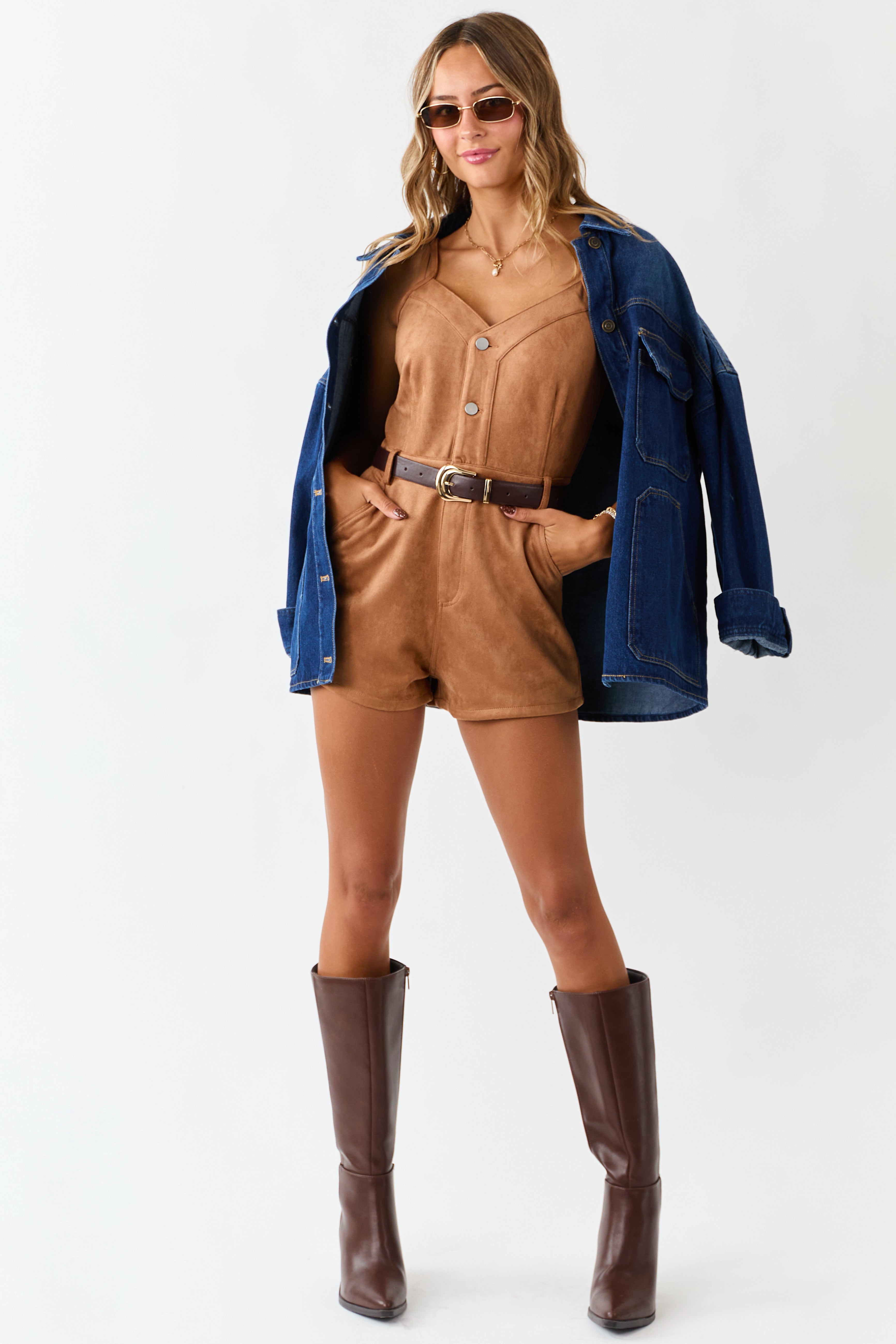Cognac Faux Suede Sleeveless Button Down Romper