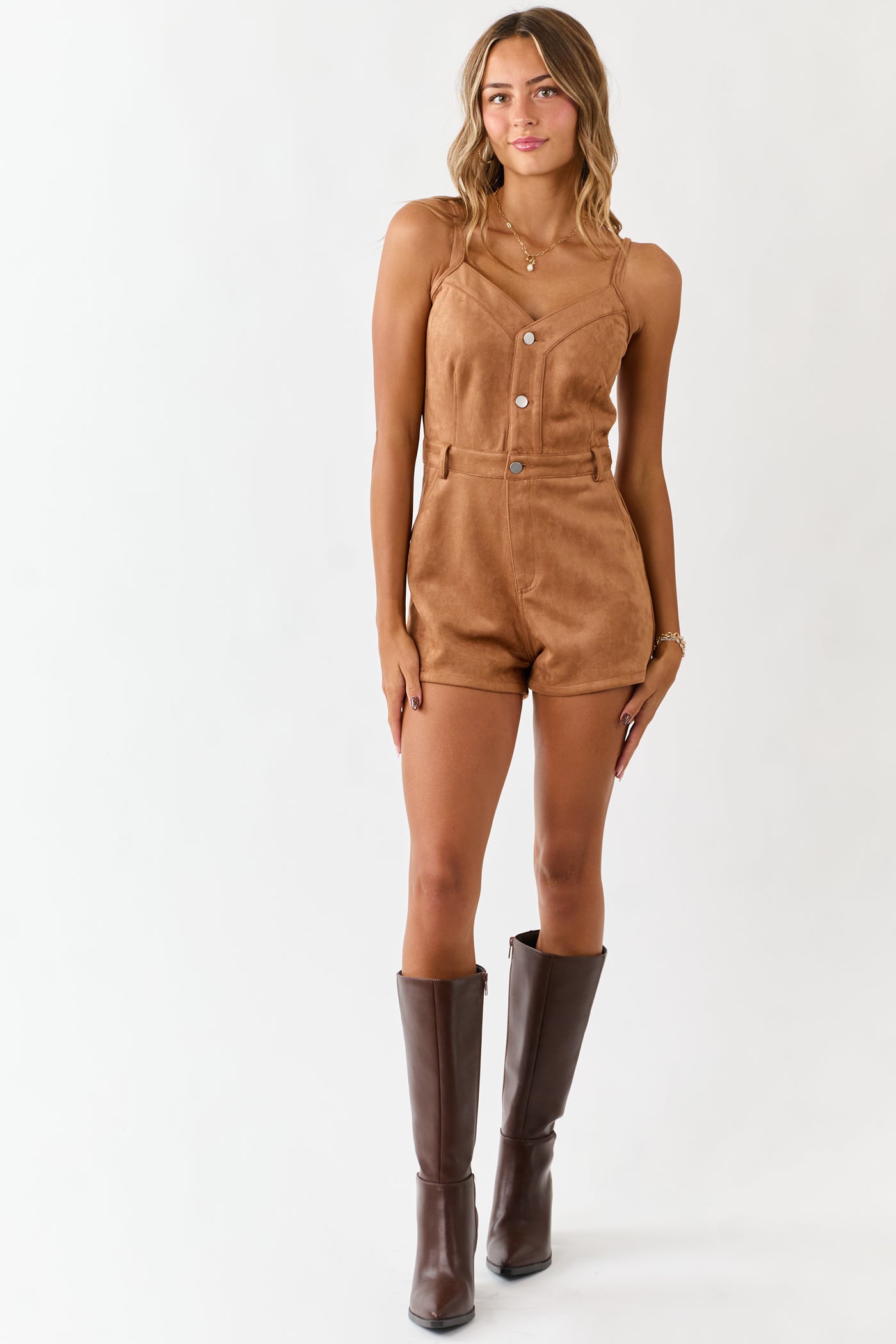 Cognac Faux Suede Sleeveless Button Down Romper