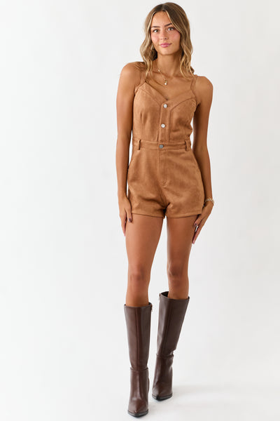 Cognac Faux Suede Sleeveless Button Down Romper