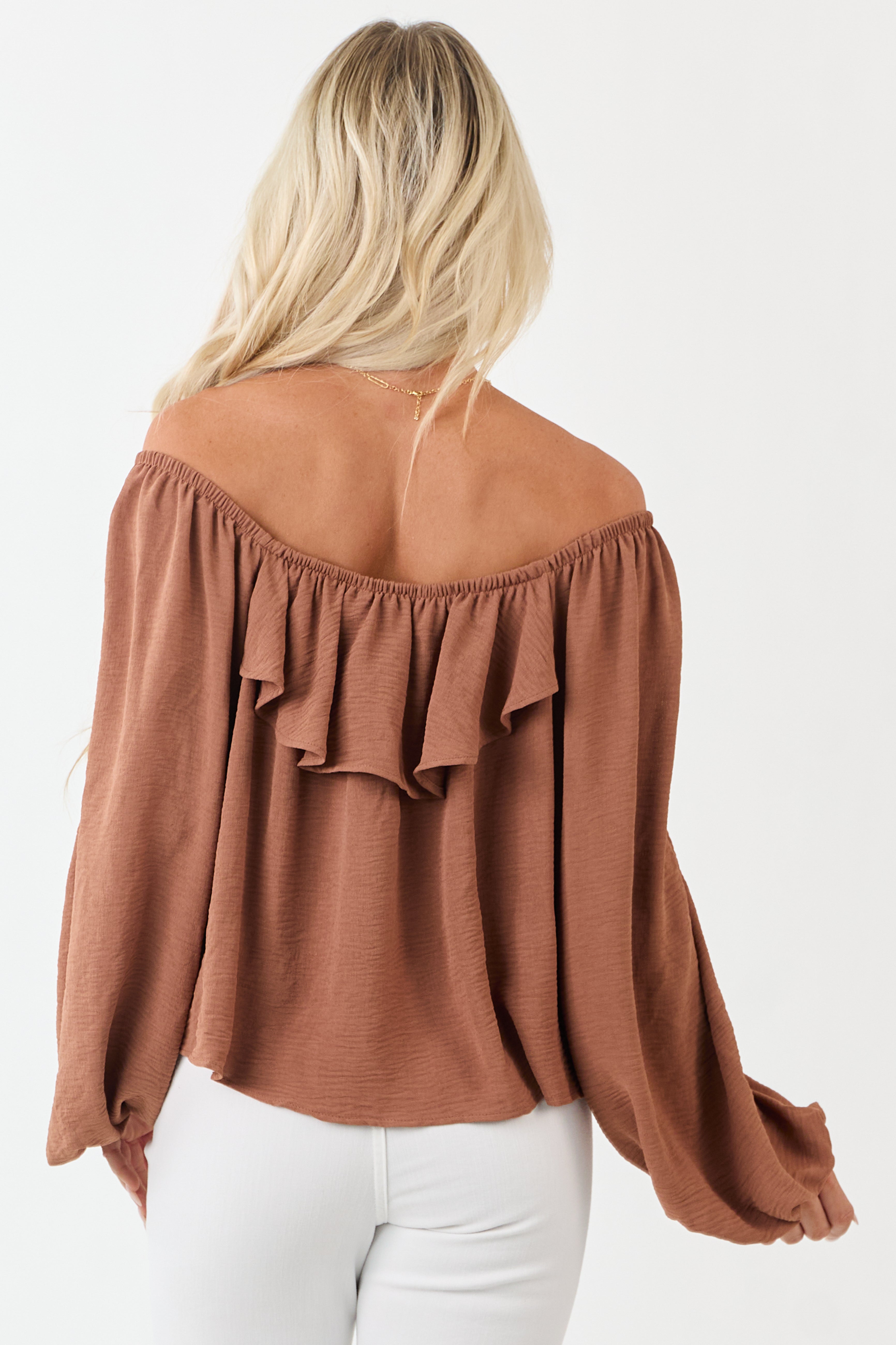 Cognac Flowy Long Puff Sleeve Ruffle Yoke Top