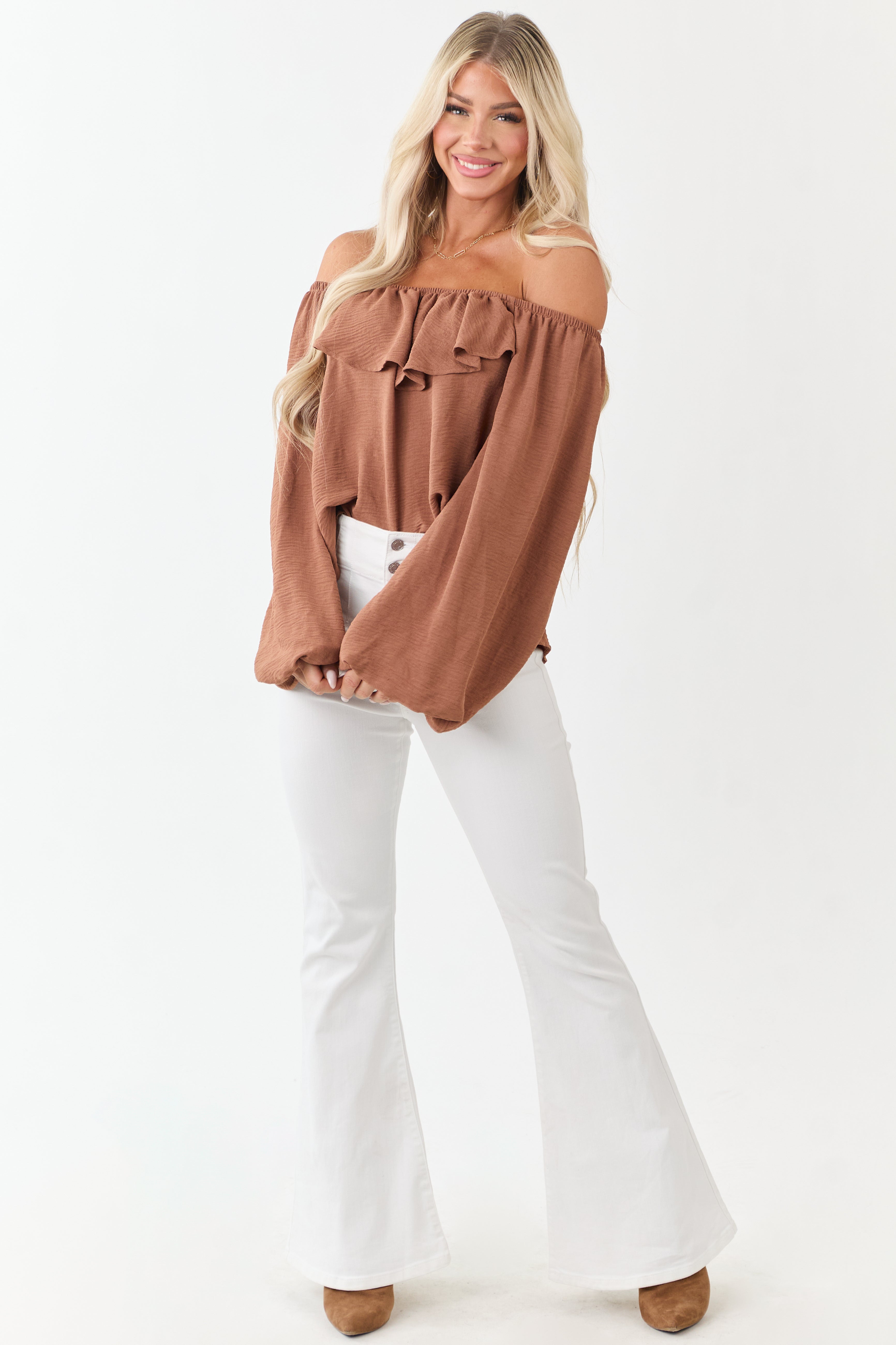 Cognac Flowy Long Puff Sleeve Ruffle Yoke Top