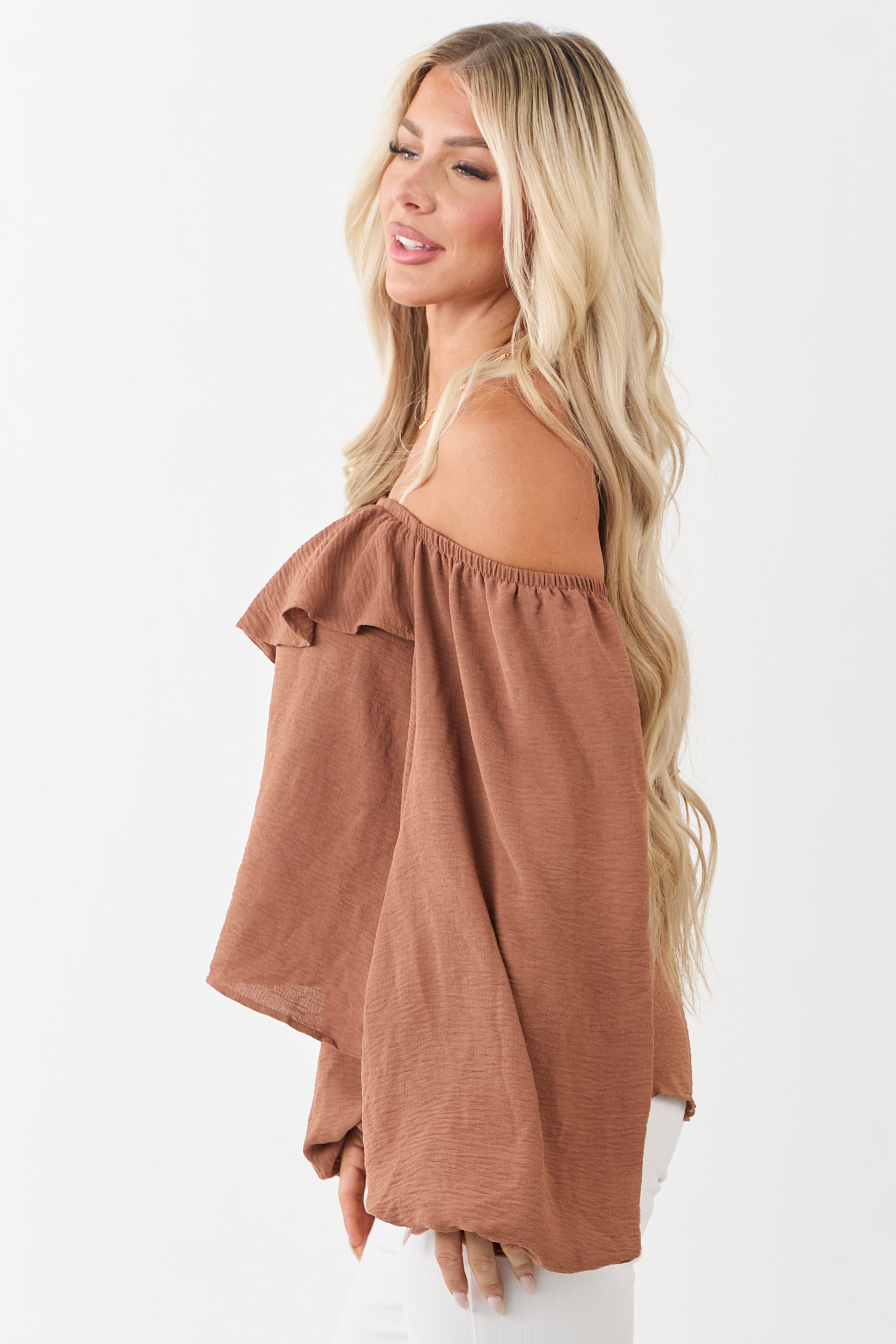 Cognac Flowy Long Puff Sleeve Ruffle Yoke Top