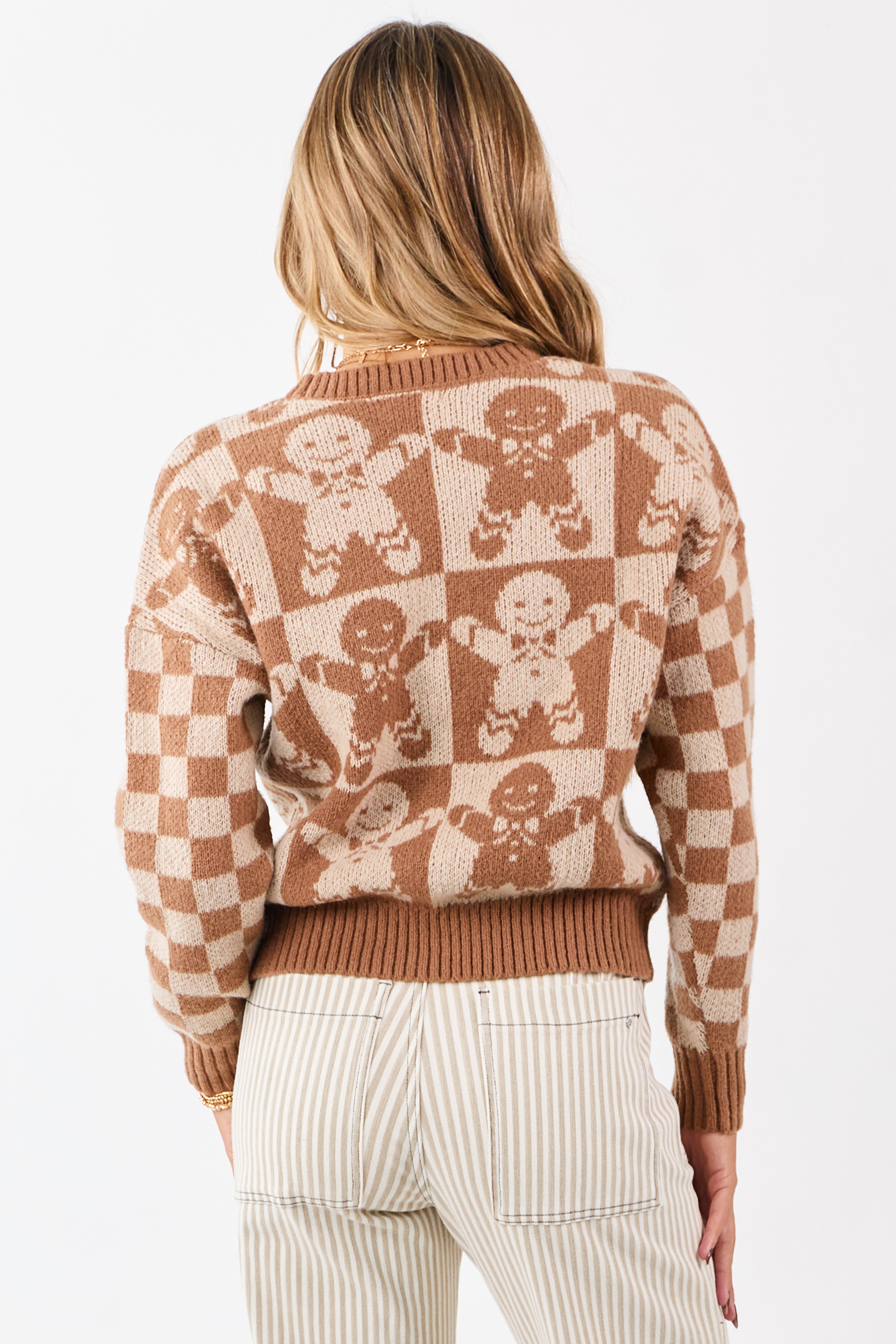 Cognac Gingerbread Checkered Graphic Sweater