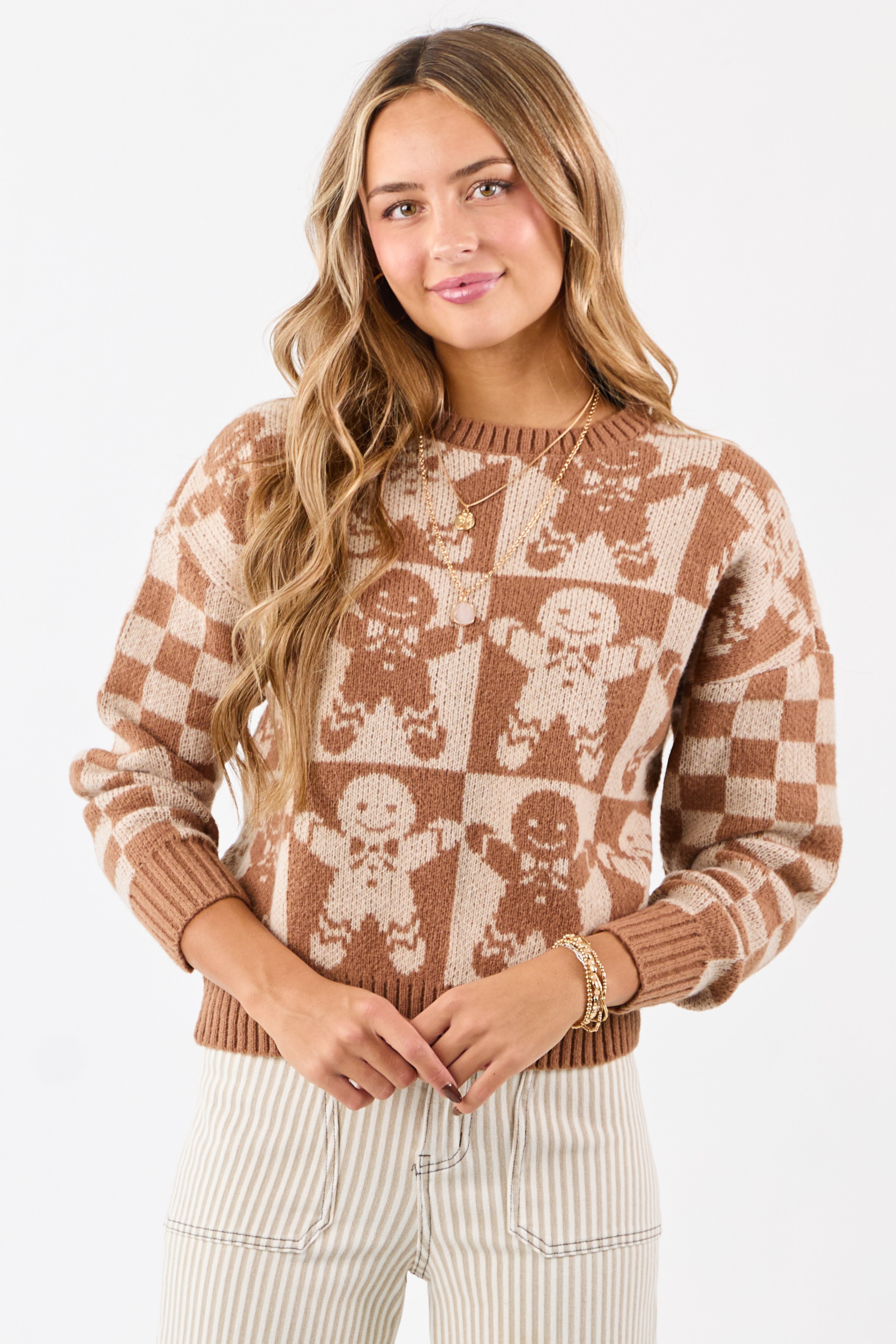 Cognac Gingerbread Checkered Graphic Sweater