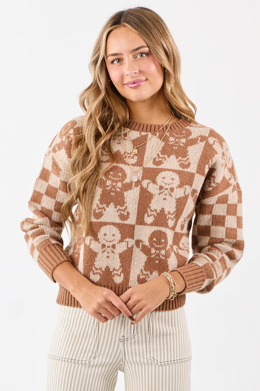 Cognac Gingerbread Checkered Graphic Sweater
