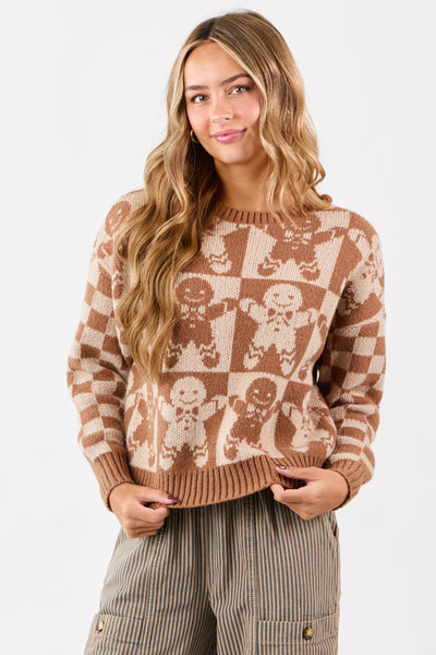 Cognac Gingerbread Checkered Graphic Sweater