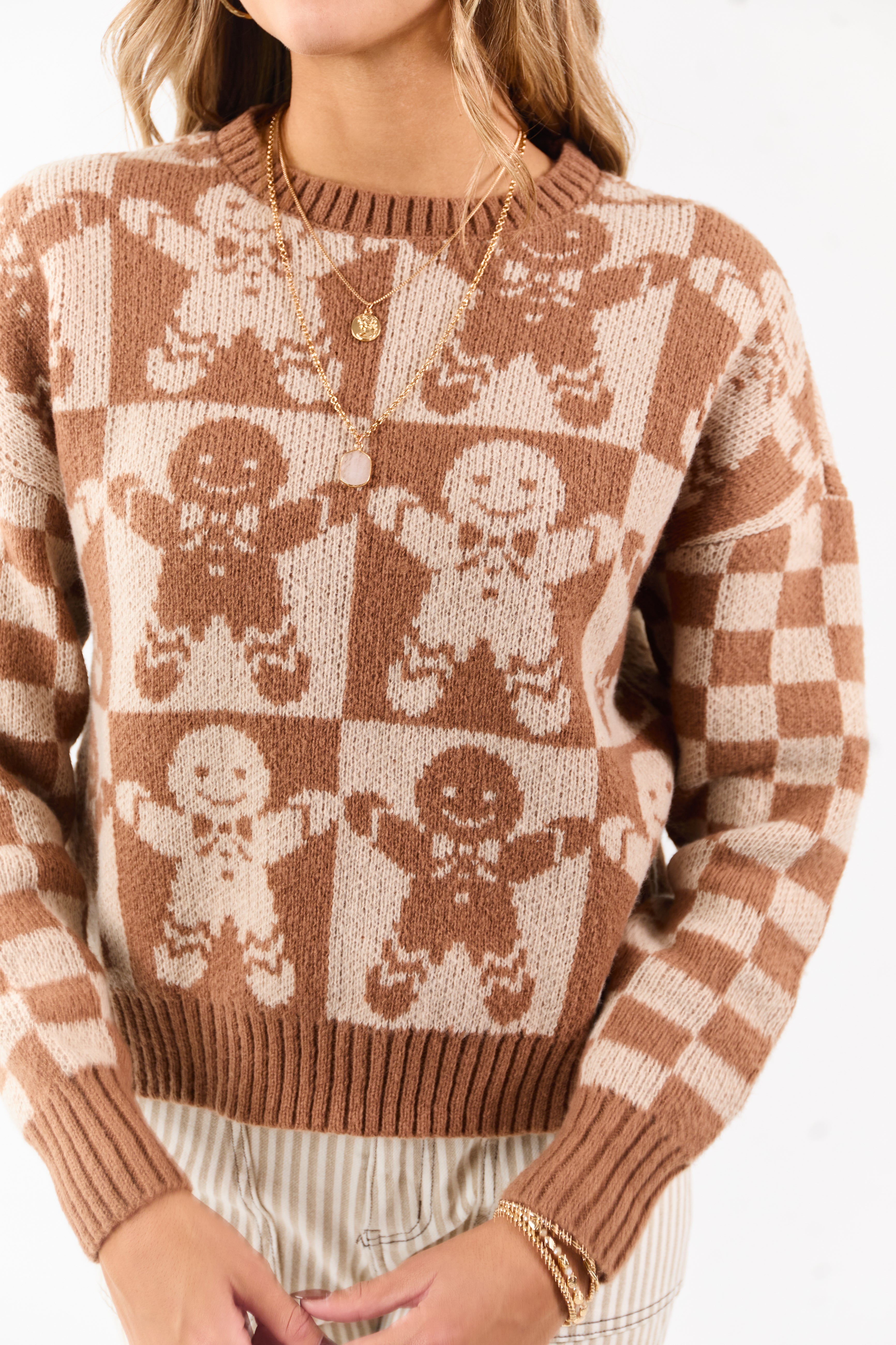 Cognac Gingerbread Checkered Graphic Sweater