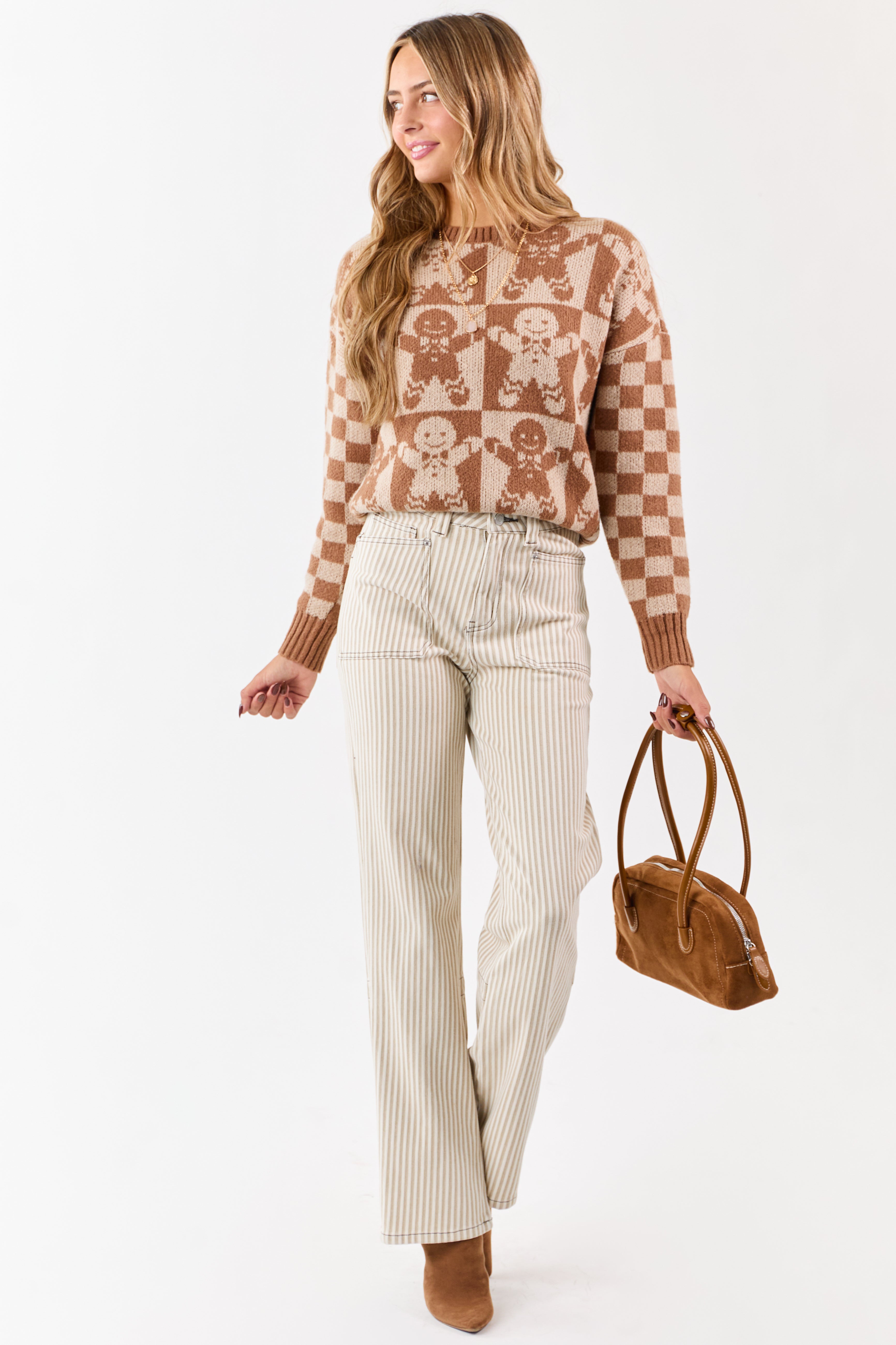 Cognac Gingerbread Checkered Graphic Sweater