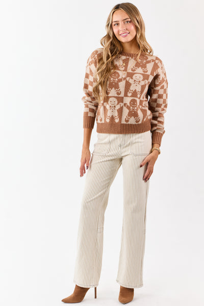 Cognac Gingerbread Checkered Graphic Sweater
