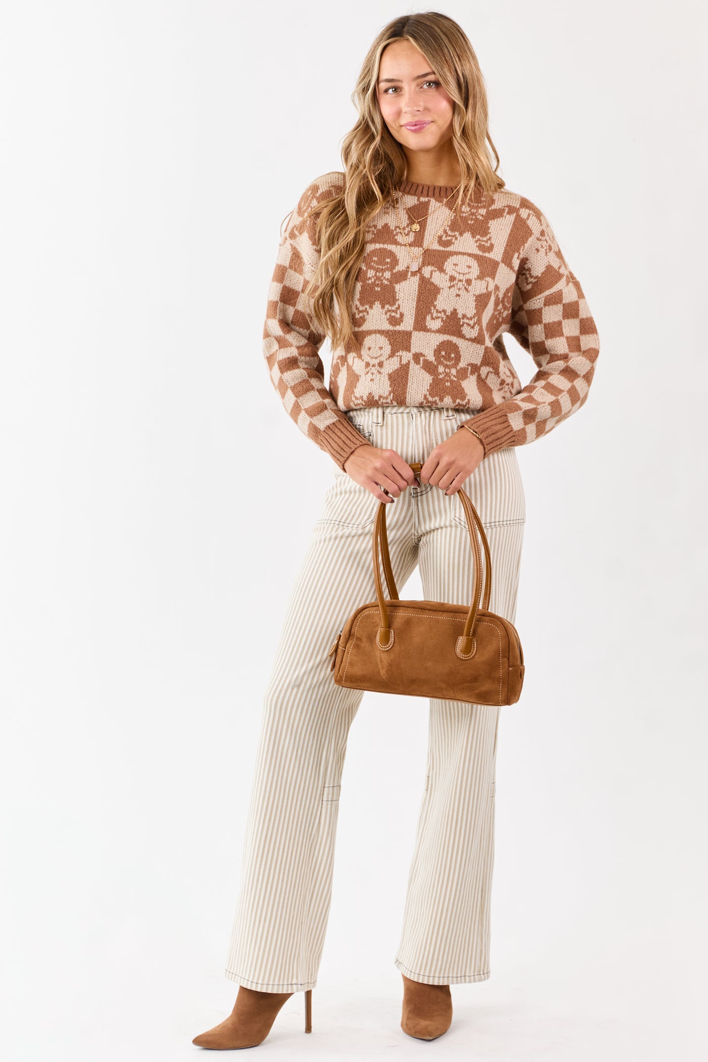 Cognac Gingerbread Checkered Graphic Sweater