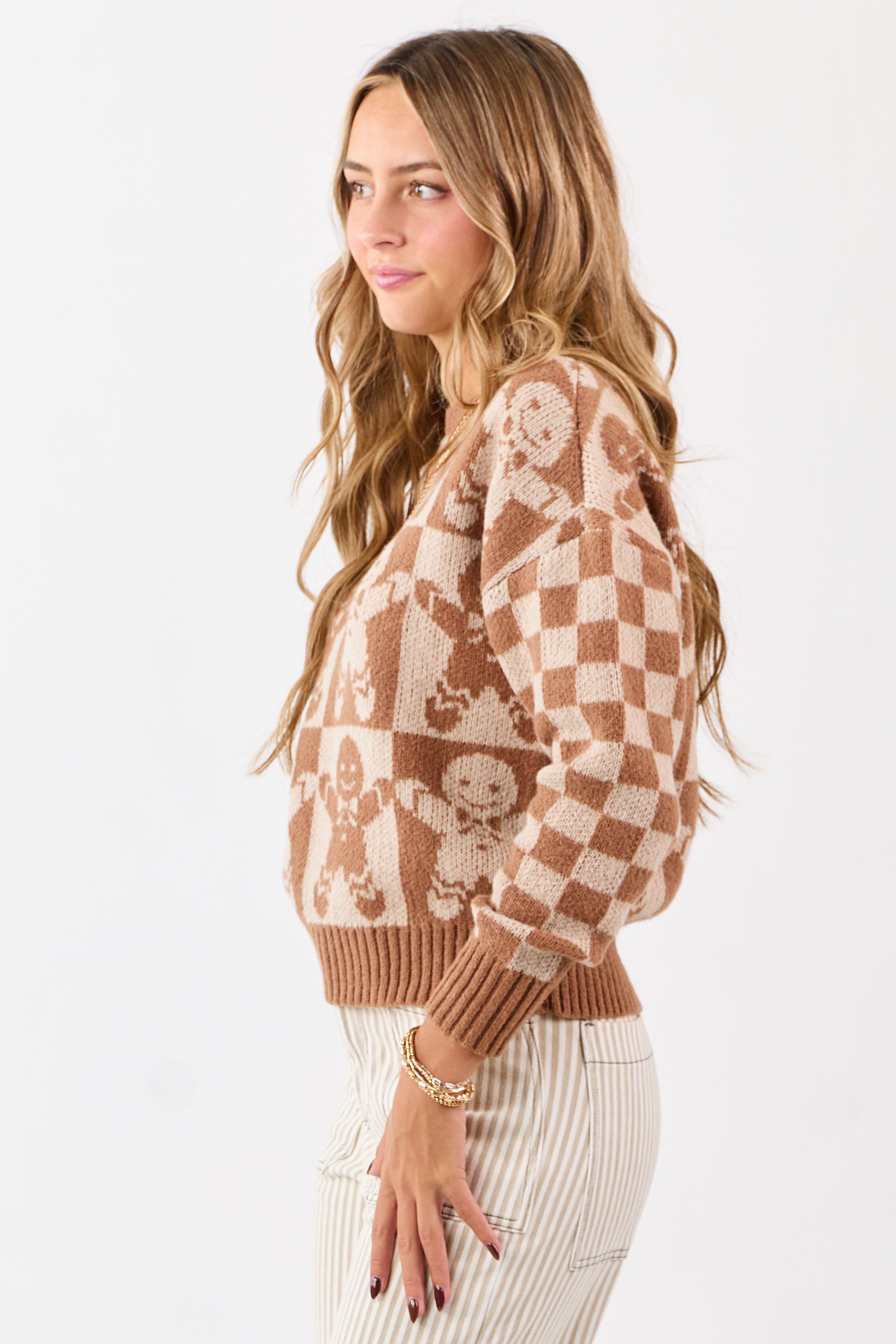 Cognac Gingerbread Checkered Graphic Sweater
