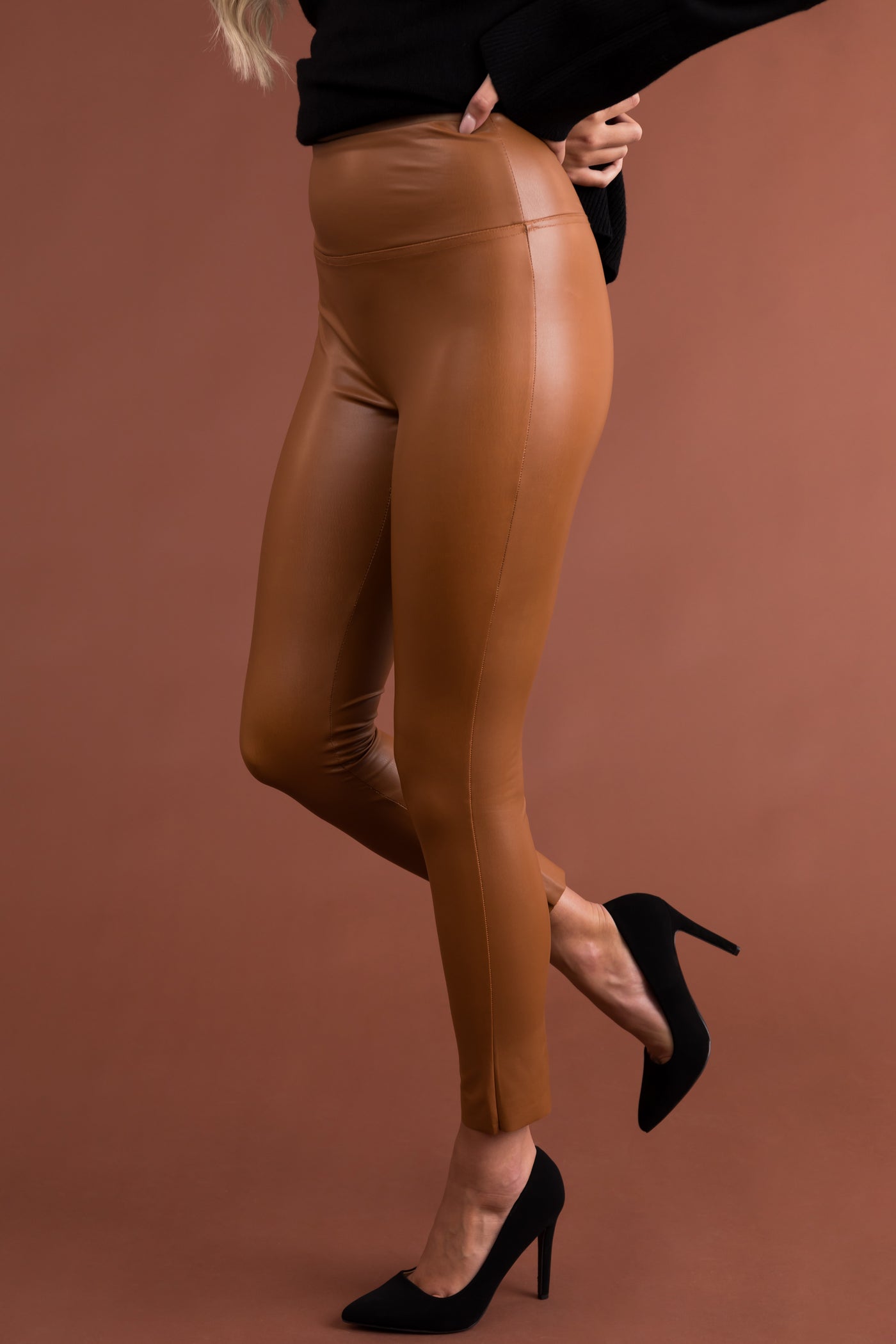 Cognac High Waisted Faux Leather Leggings
