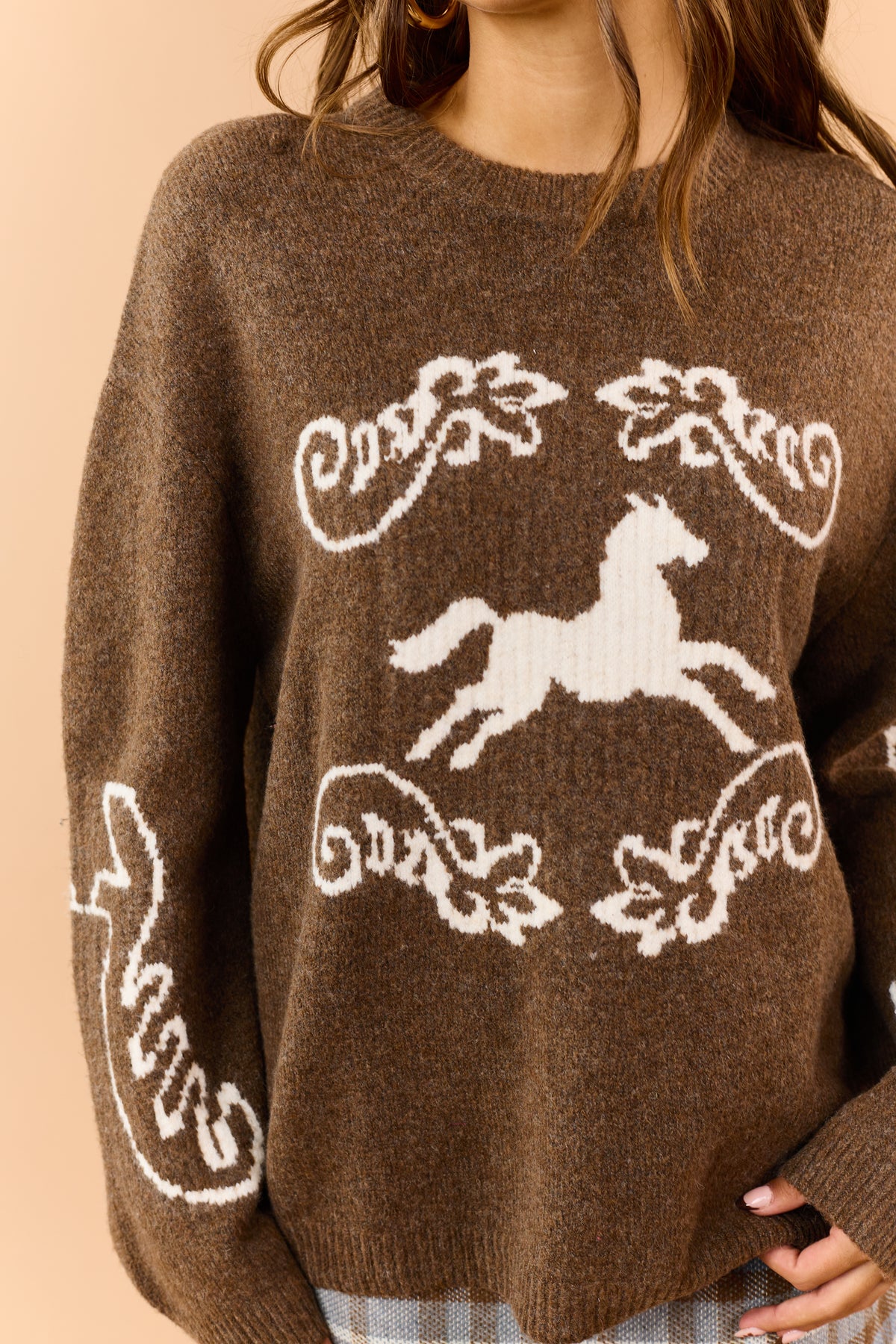 Cognac Horse Motif Relaxed Knit Sweater
