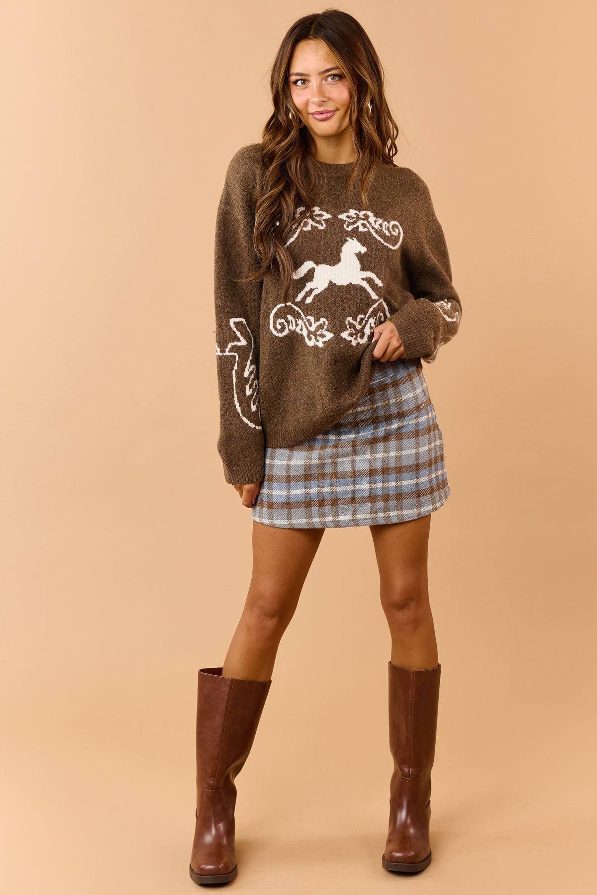 Cognac Horse Motif Relaxed Knit Sweater