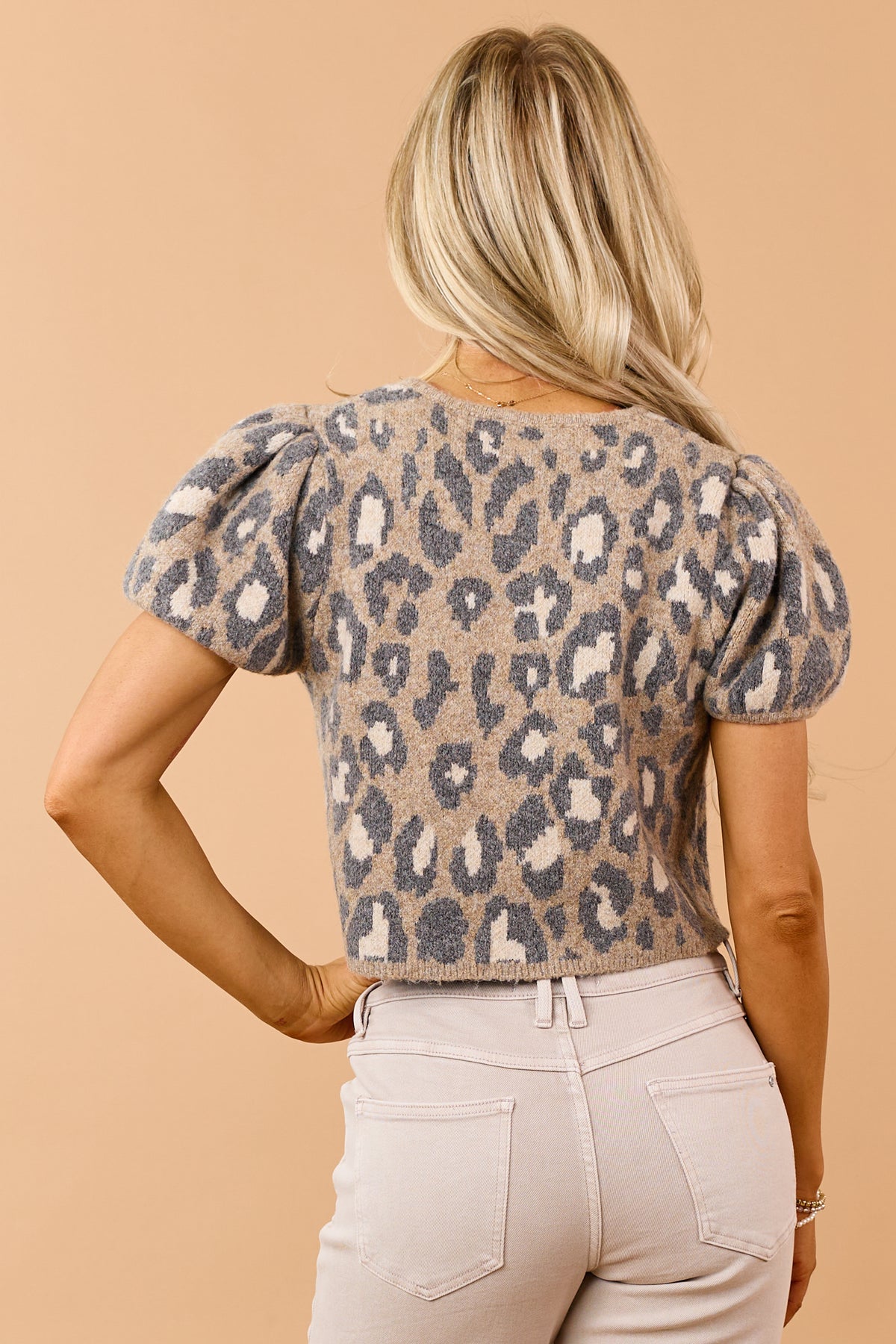 Cognac Leopard Print Button Down Short Sleeve Top