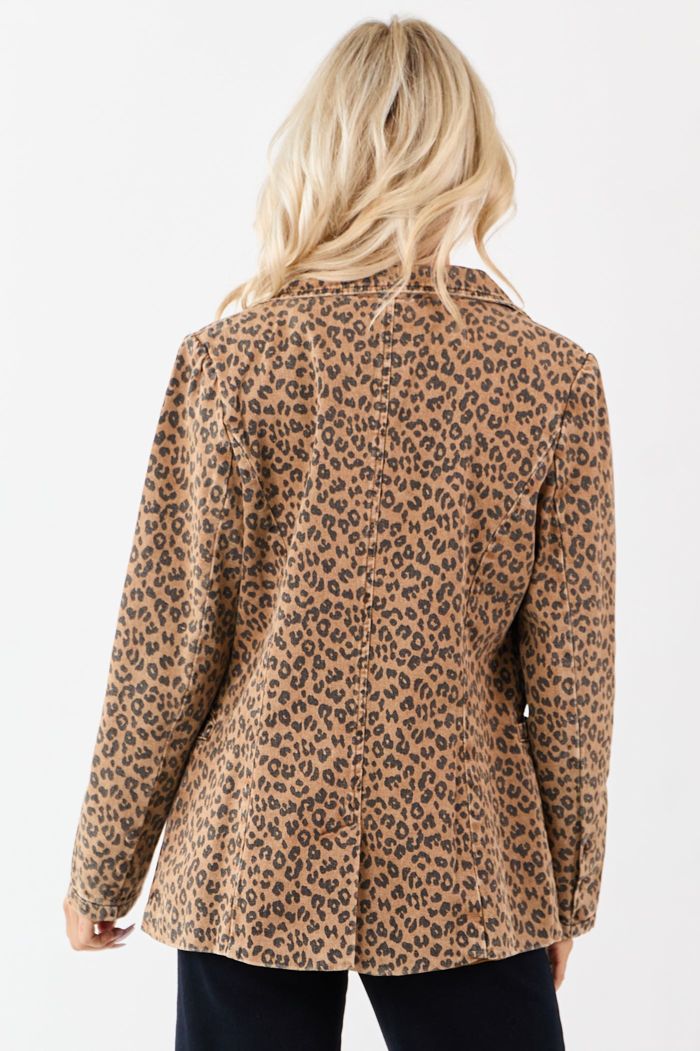 Cognac Leopard Print Lapel Collar Denim Blazer