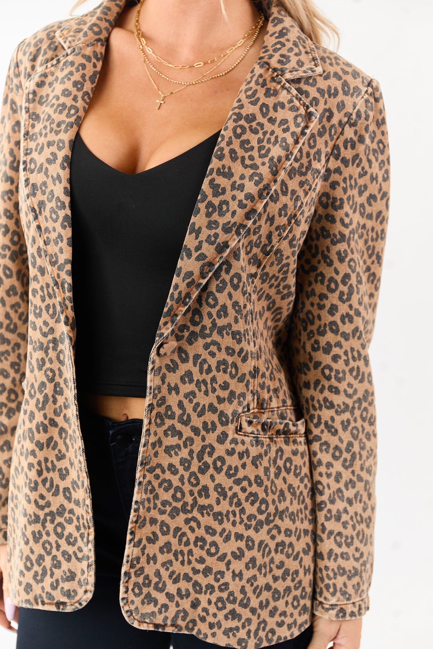 Cognac Leopard Print Lapel Collar Denim Blazer