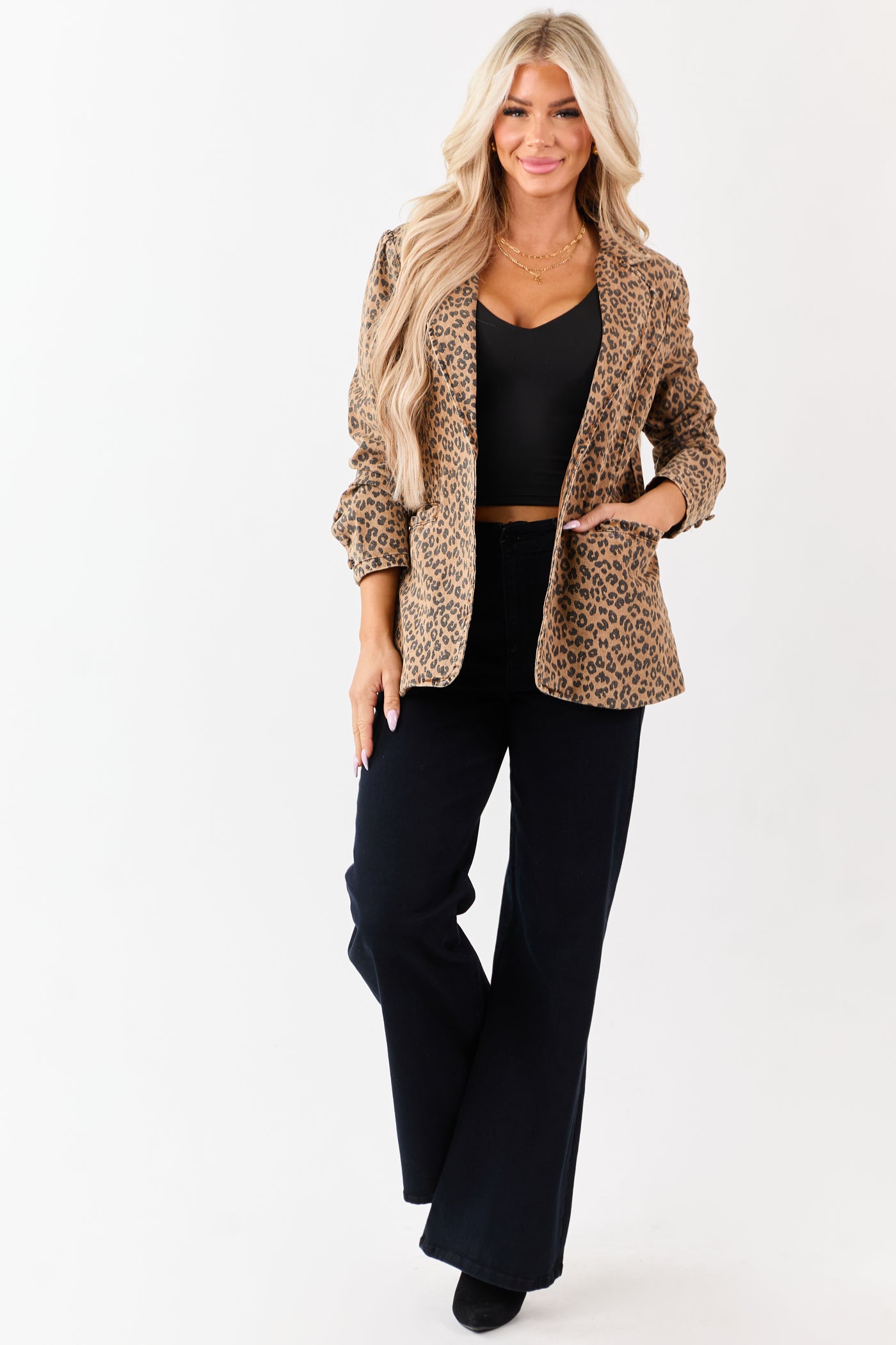 Cognac Leopard Print Lapel Collar Denim Blazer