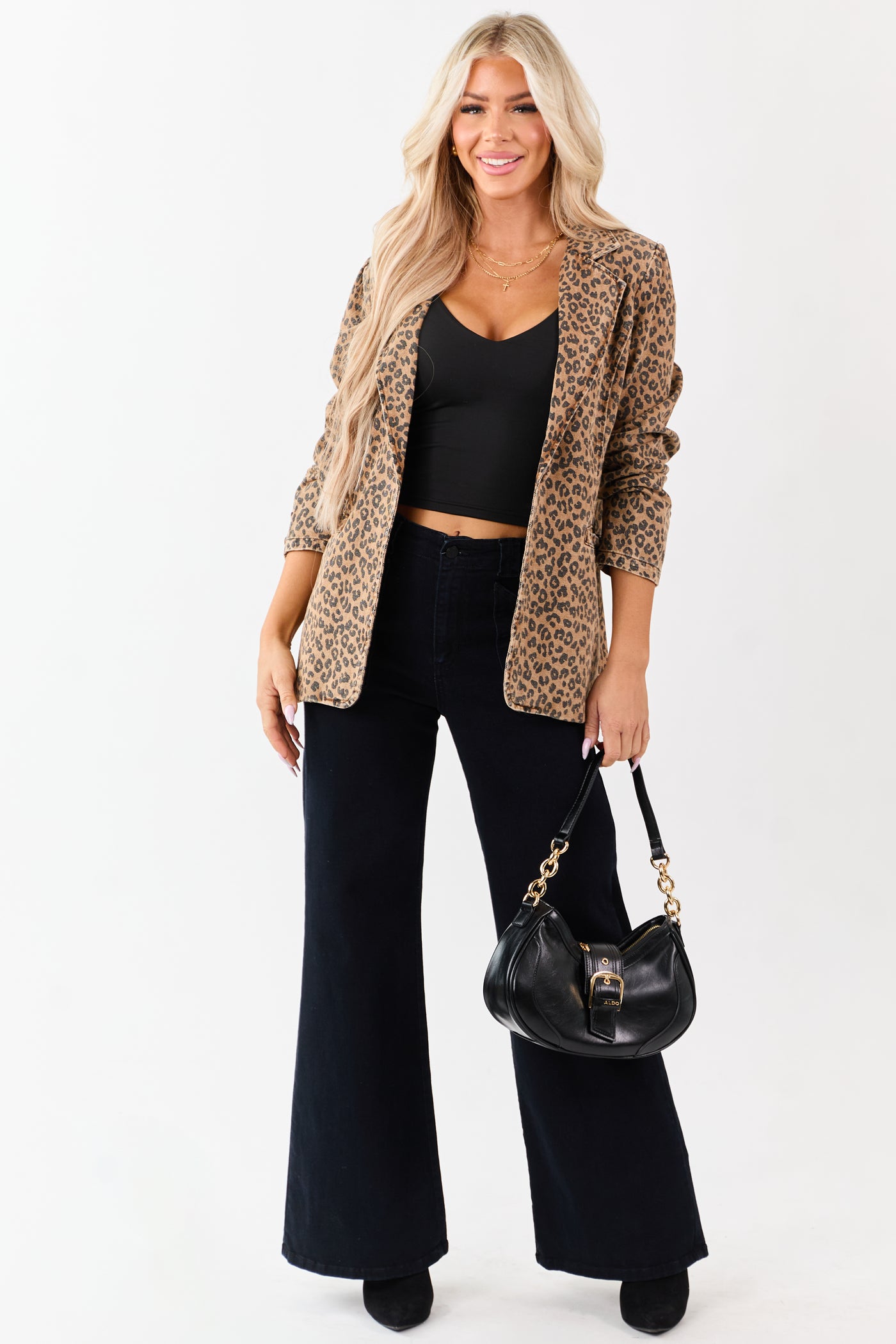 Cognac Leopard Print Lapel Collar Denim Blazer