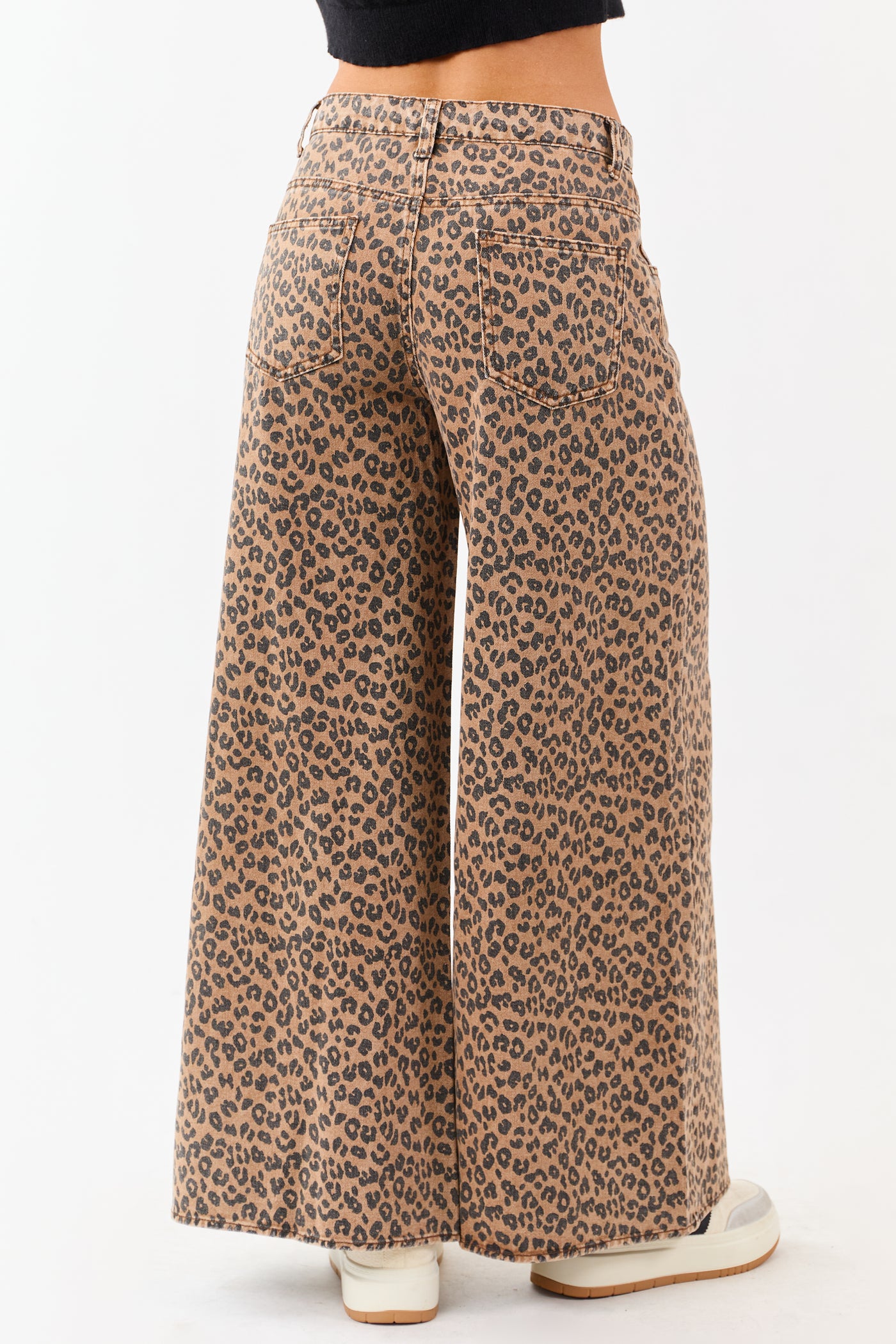 Cognac Leopard Print Wide Leg Drawstring Denim Pants