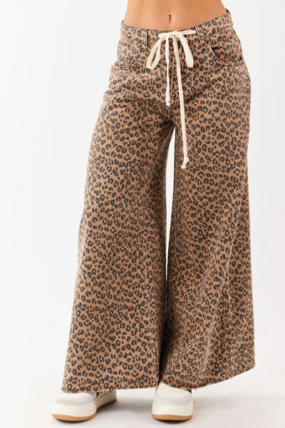 Cognac Leopard Print Wide Leg Drawstring Denim Pants
