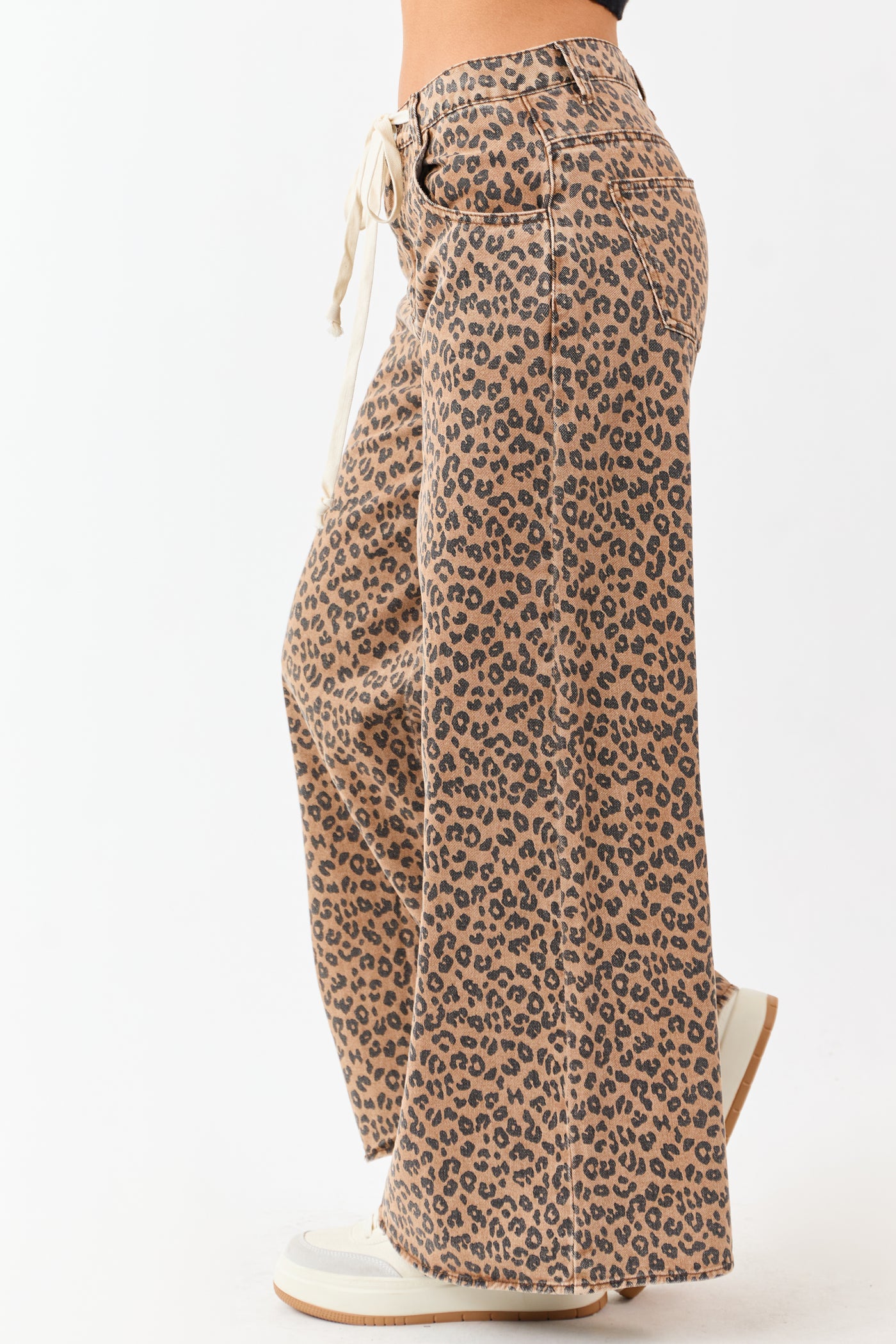 Cognac Leopard Print Wide Leg Drawstring Denim Pants