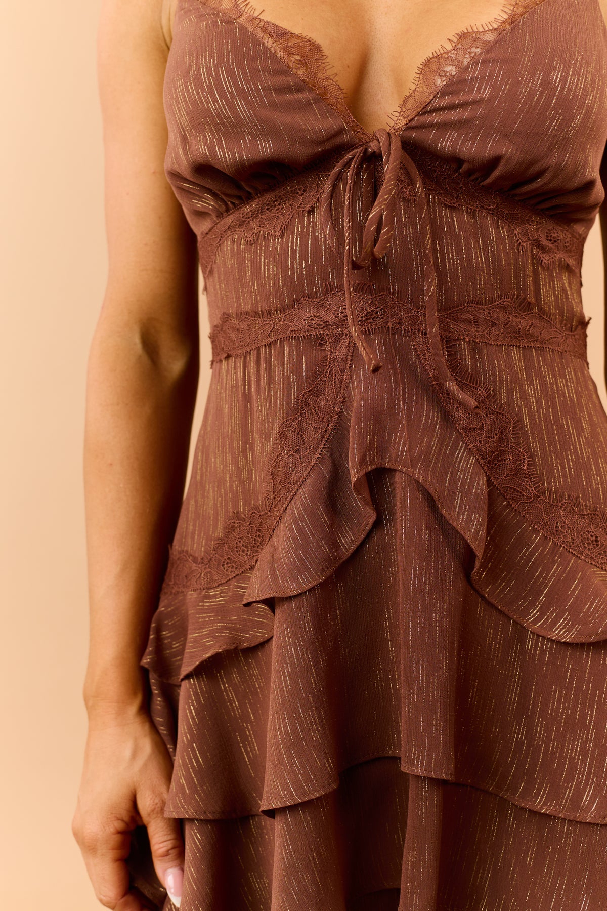 Cognac Metallic Threading Ruffle Tiered Mini Dress