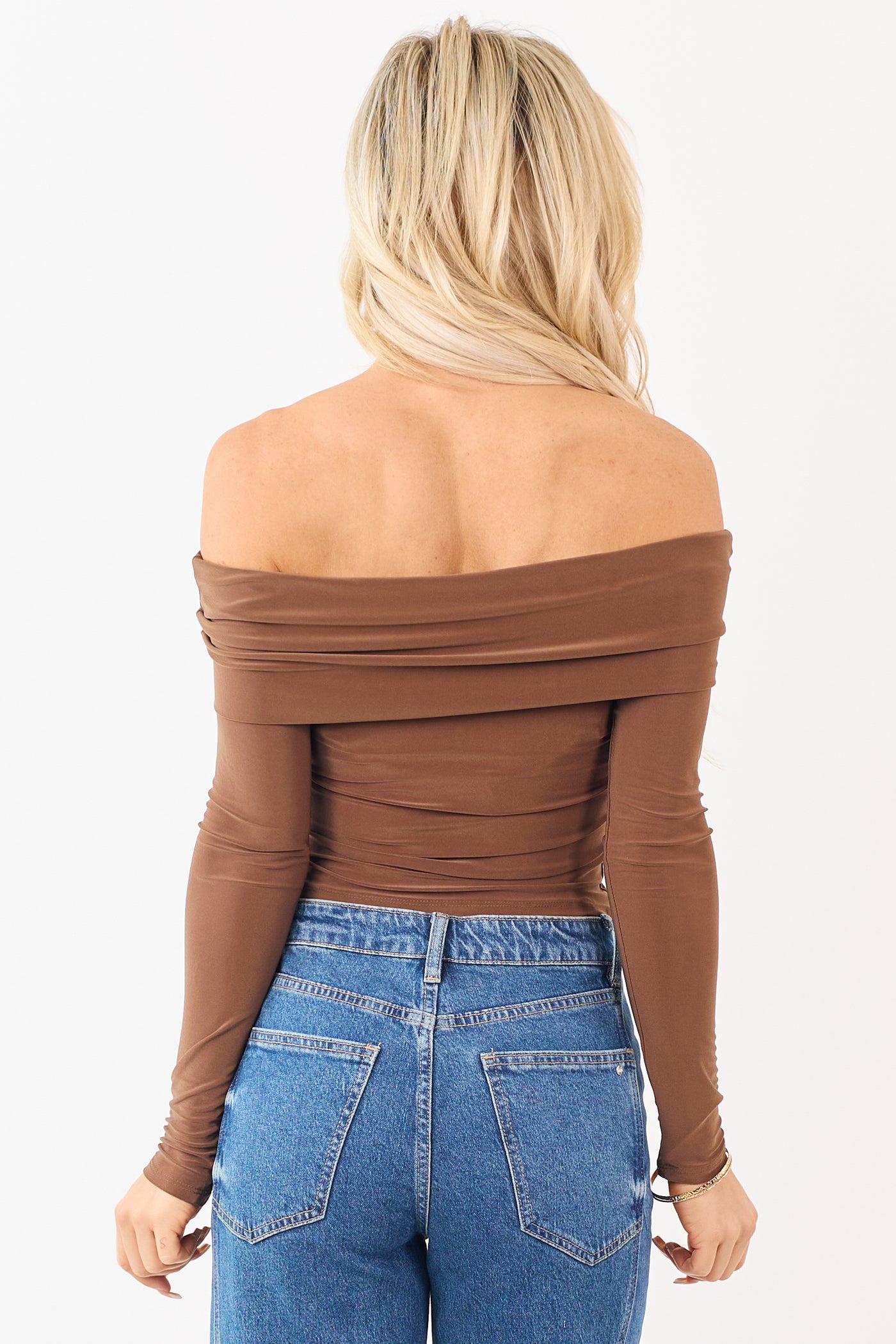 Cognac Off Shoulder Long Sleeve Fitted Knit Top