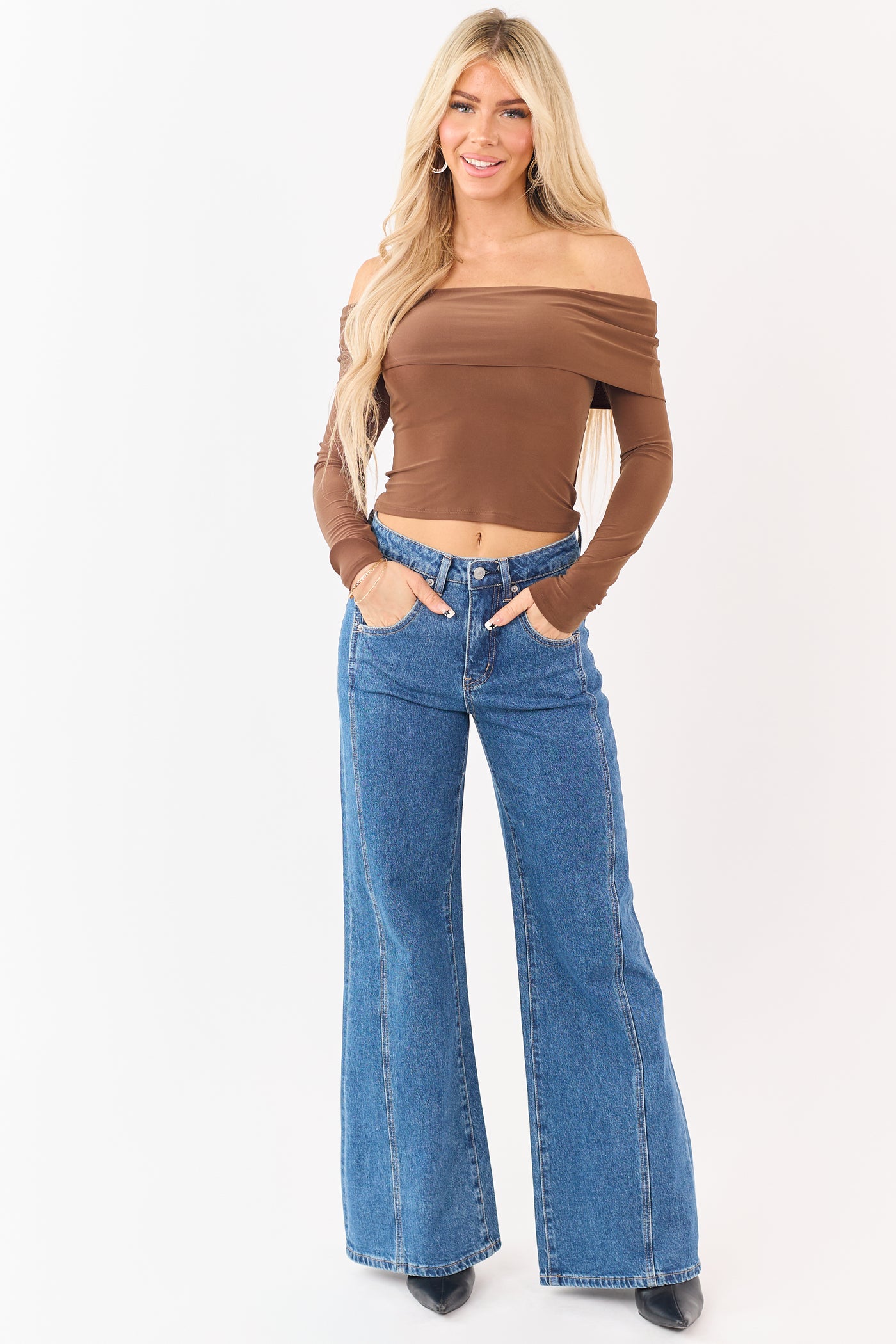 Cognac Off Shoulder Long Sleeve Fitted Knit Top