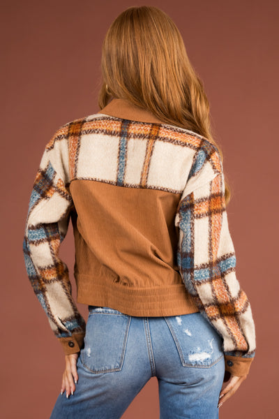 Cognac Plaid Corduroy Jacket with Pockets