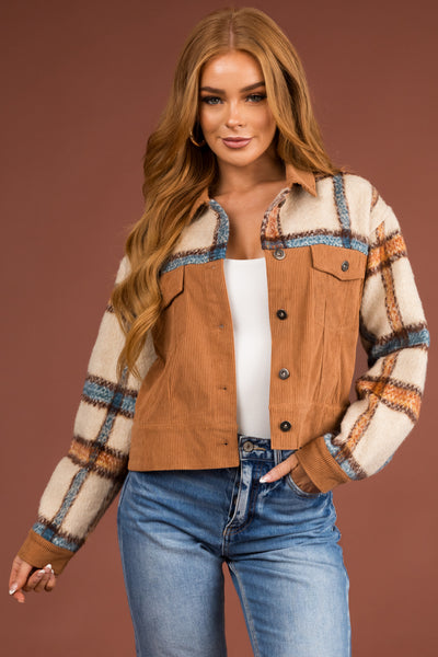 Cognac Plaid Corduroy Jacket with Pockets