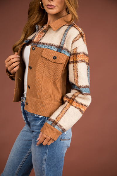 Cognac Plaid Corduroy Jacket with Pockets