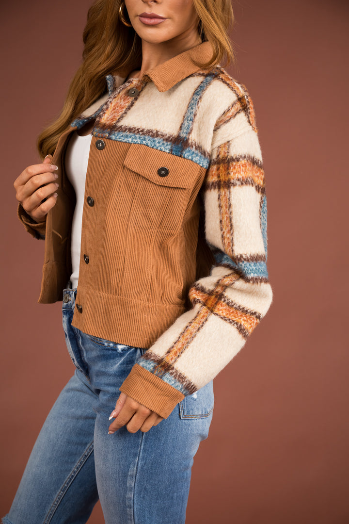 Cognac Plaid Corduroy Jacket with Pockets