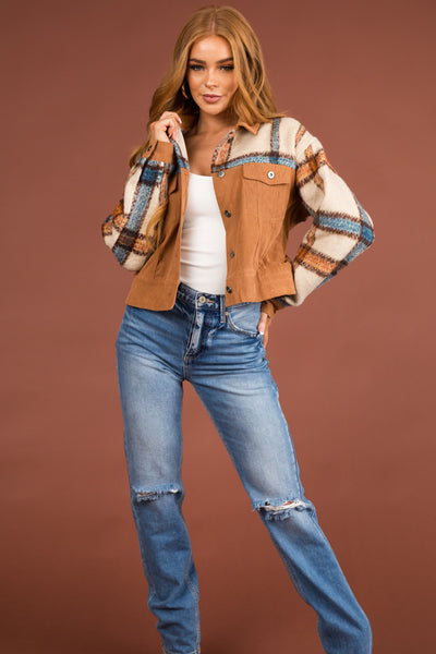 Cognac Plaid Corduroy Jacket with Pockets