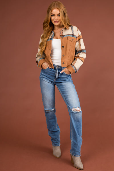 Cognac Plaid Corduroy Jacket with Pockets