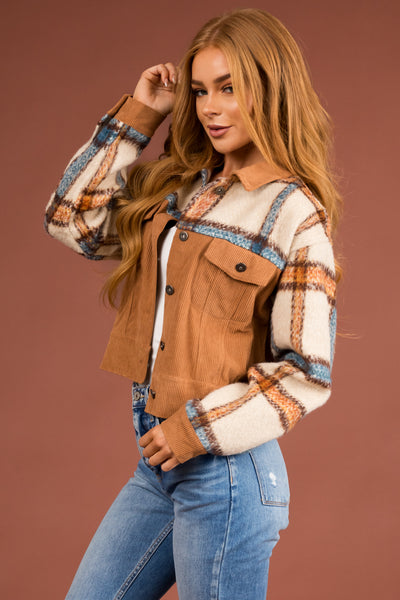 Cognac Plaid Corduroy Jacket with Pockets