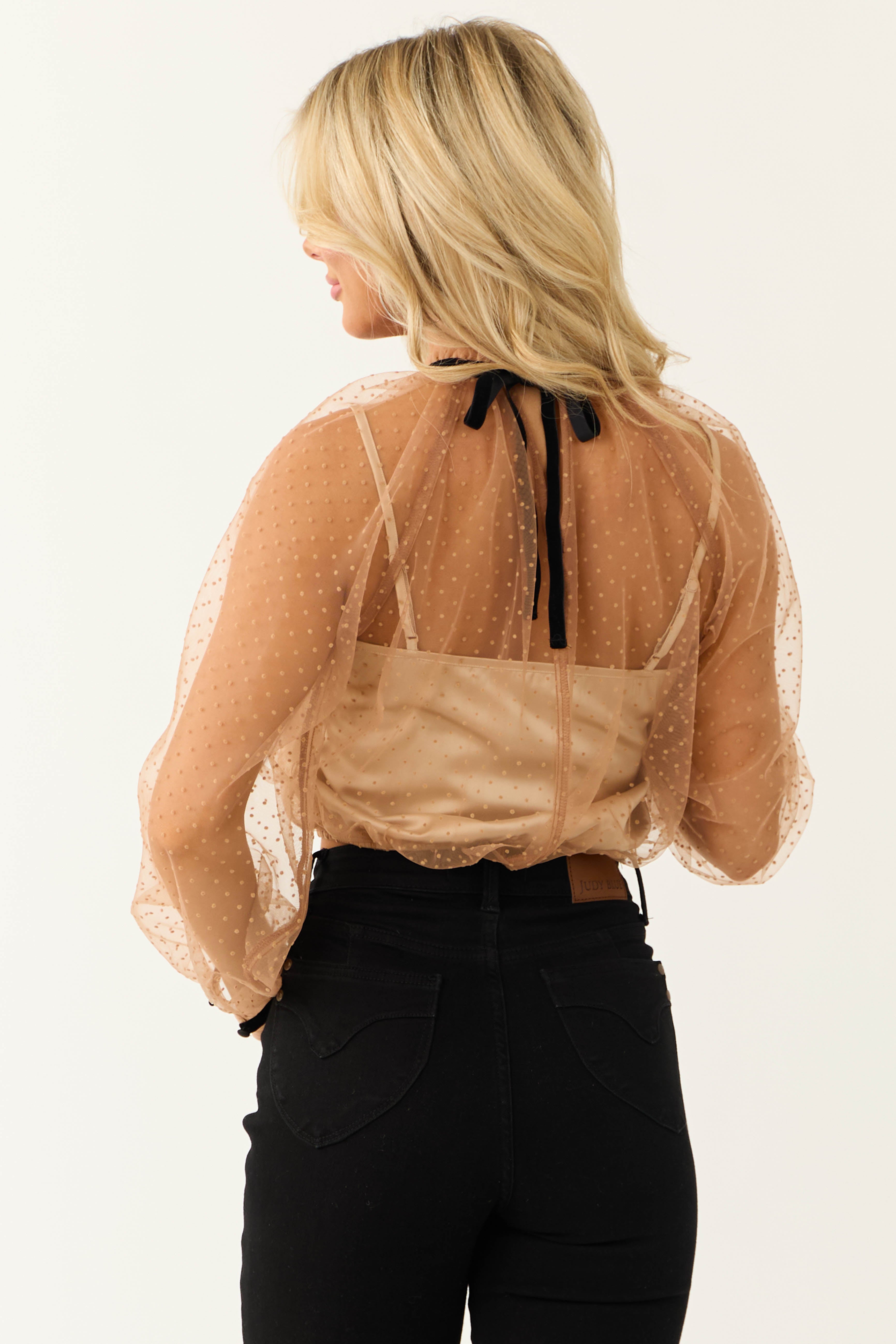 Cognac Polka Dot Textured Long Sleeve Mesh Top | Lime Lush Boutique