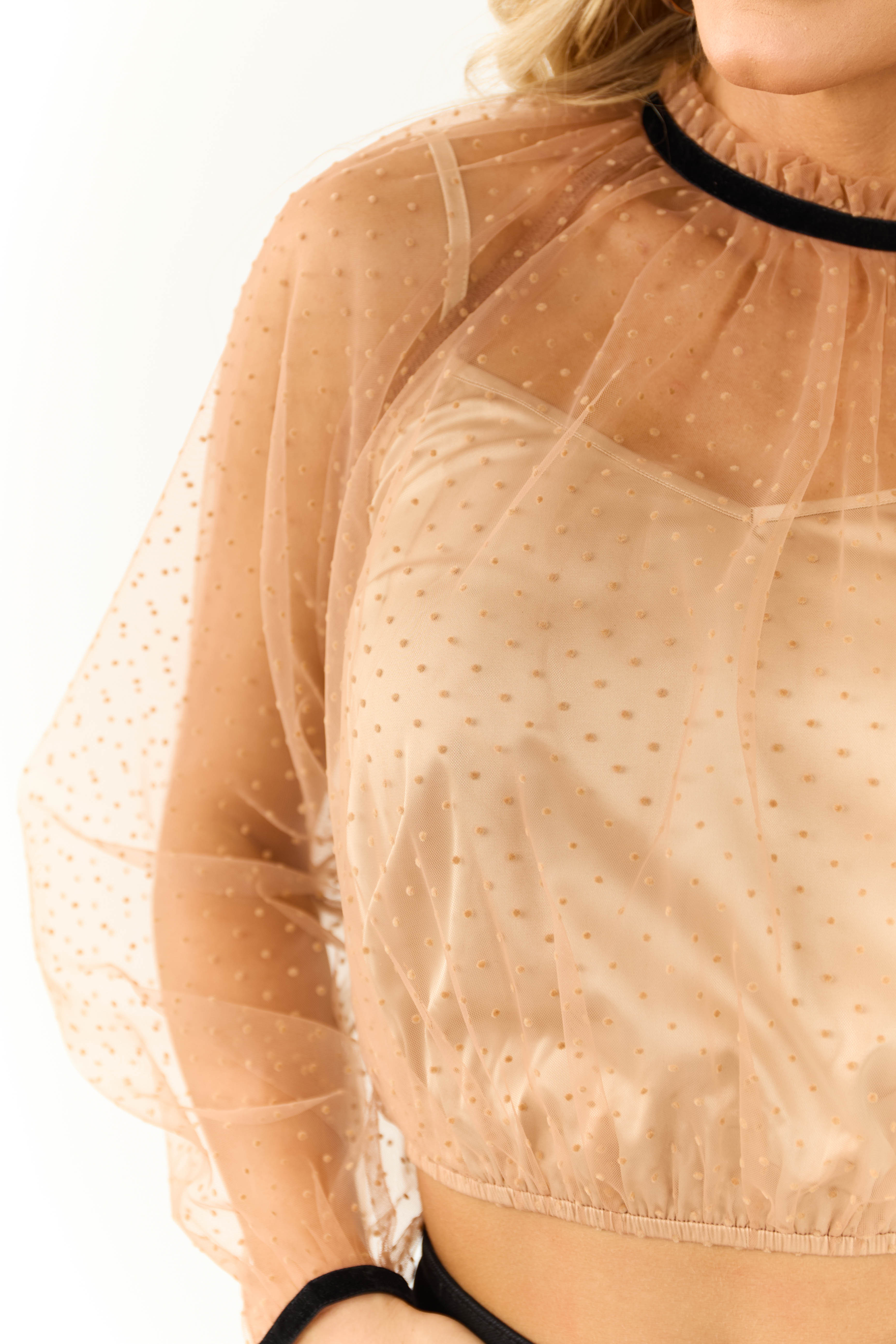 Cognac Polka Dot Textured Long Sleeve Mesh Top | Lime Lush Boutique