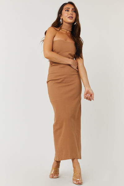 Cognac Racerback Mock Neck Strapless Midi Dress