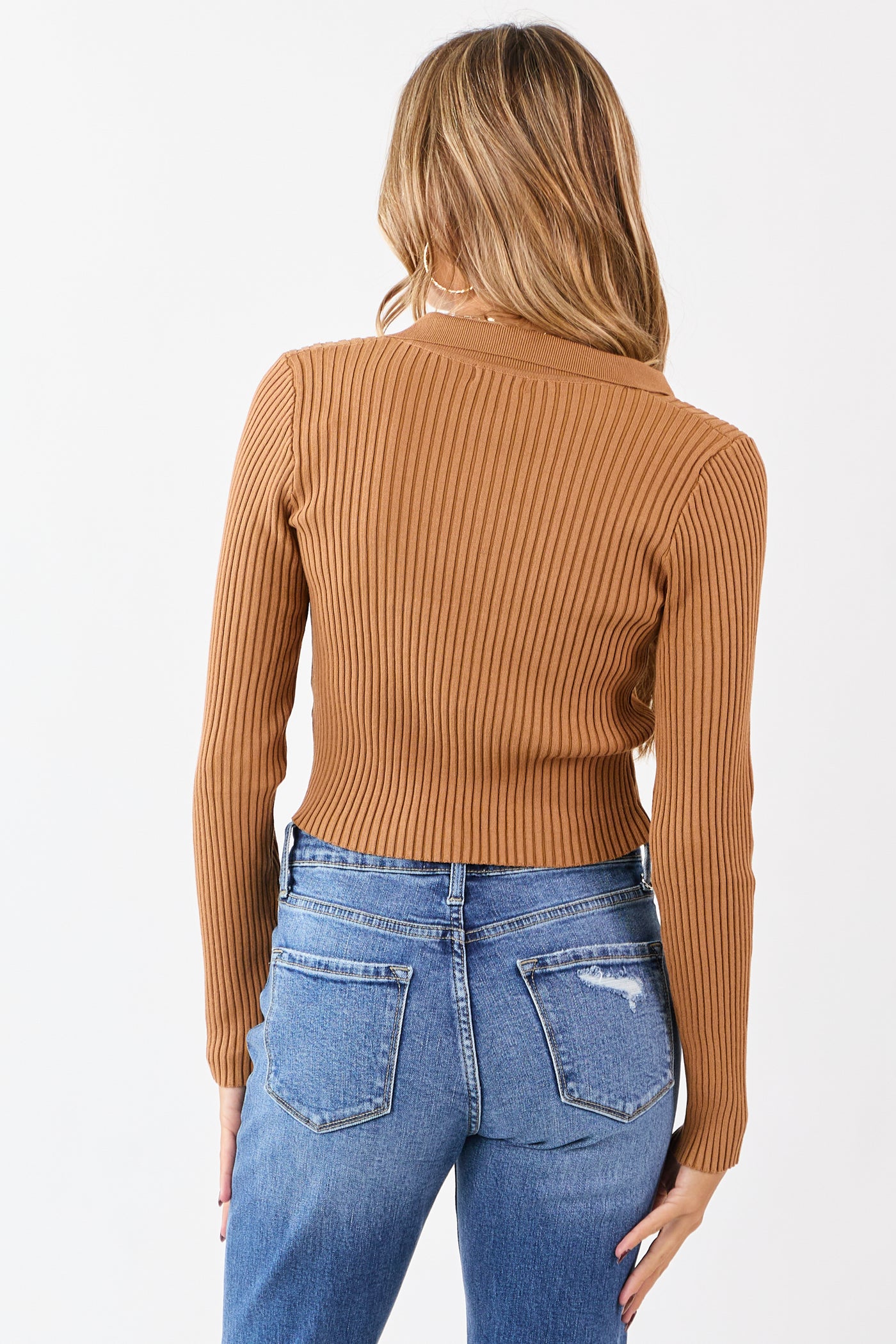 Cognac Rib Knit Polo Style Cropped Sweater
