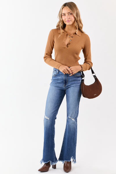 Cognac Rib Knit Polo Style Cropped Sweater